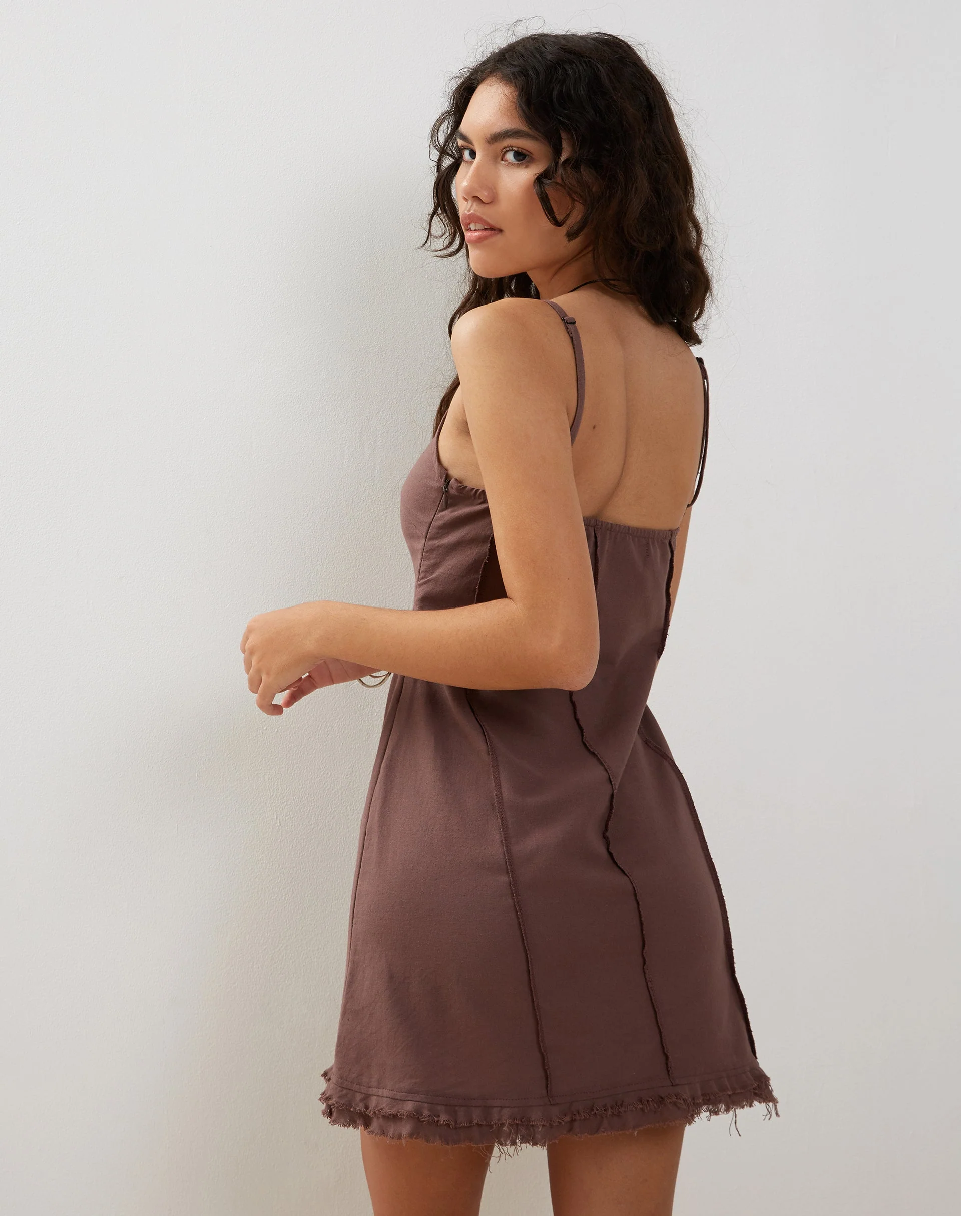 Kaneisa Pintuck Mini Slip Dress in Deep Taupe - Image 7