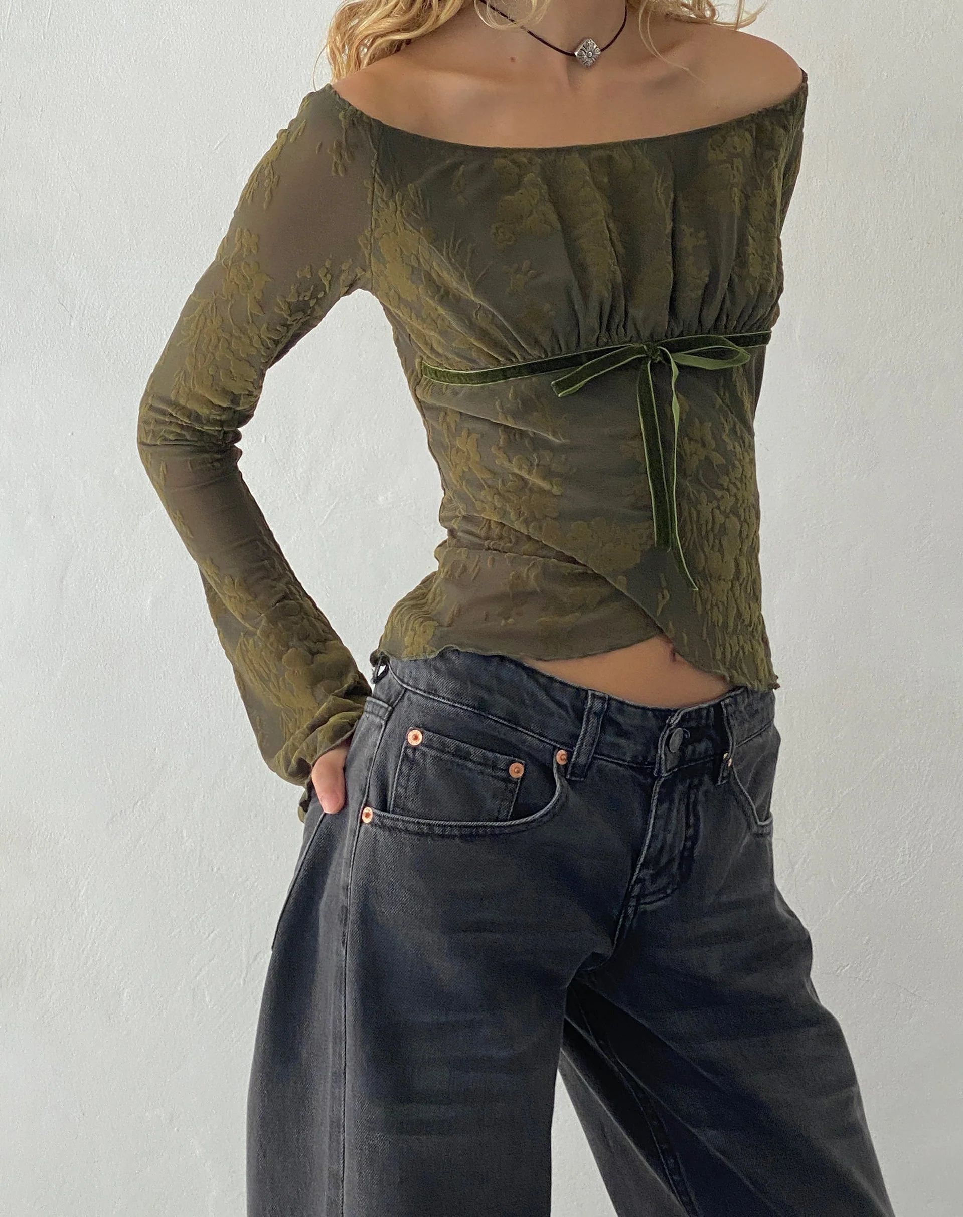 Kareena Long Sleeve Bardot Top in Abstract Botanic Dark Olive - Image 2