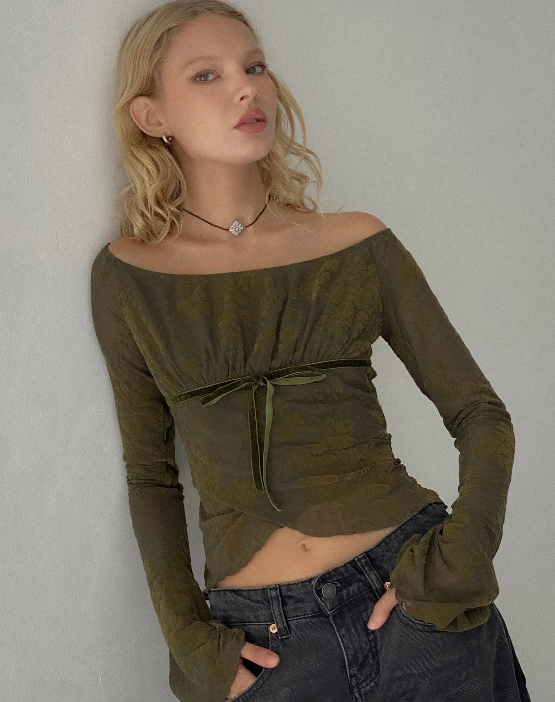 Kareena Long Sleeve Bardot Top in Abstract Botanic Dark Olive - Image 4