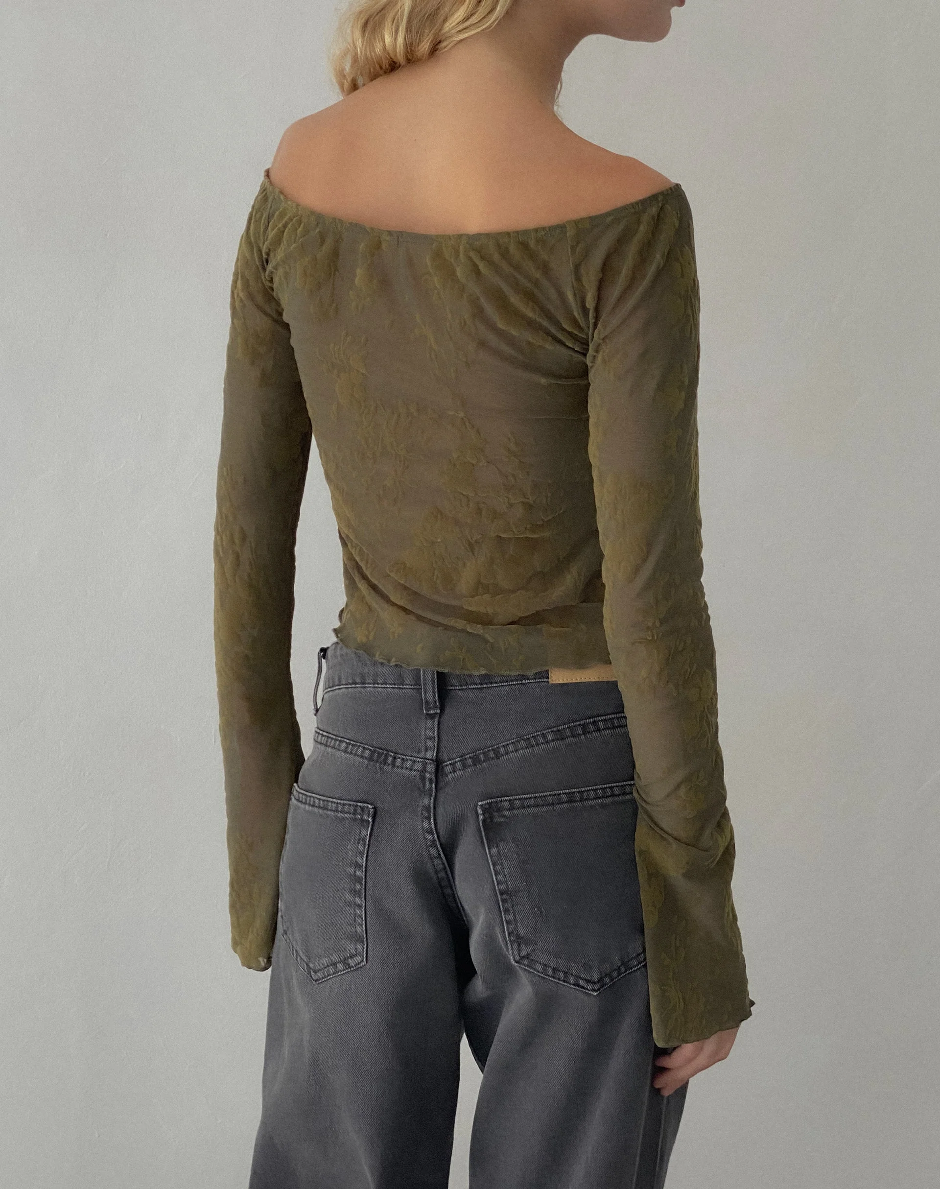 Kareena Long Sleeve Bardot Top in Abstract Botanic Dark Olive - Image 5