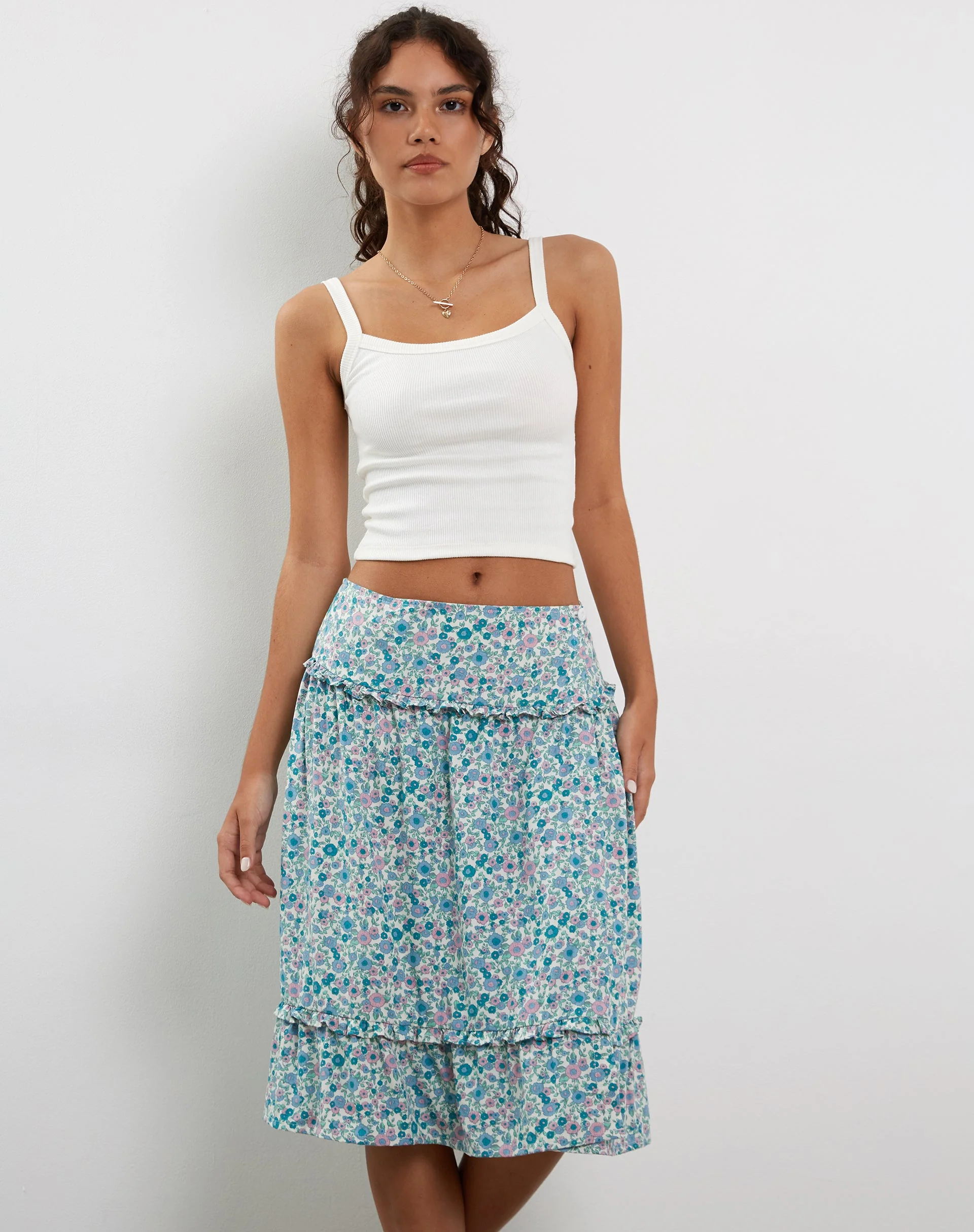 Kasya Frill Hem Midi Wrap Skirt in Flower Power Blue - Image 3