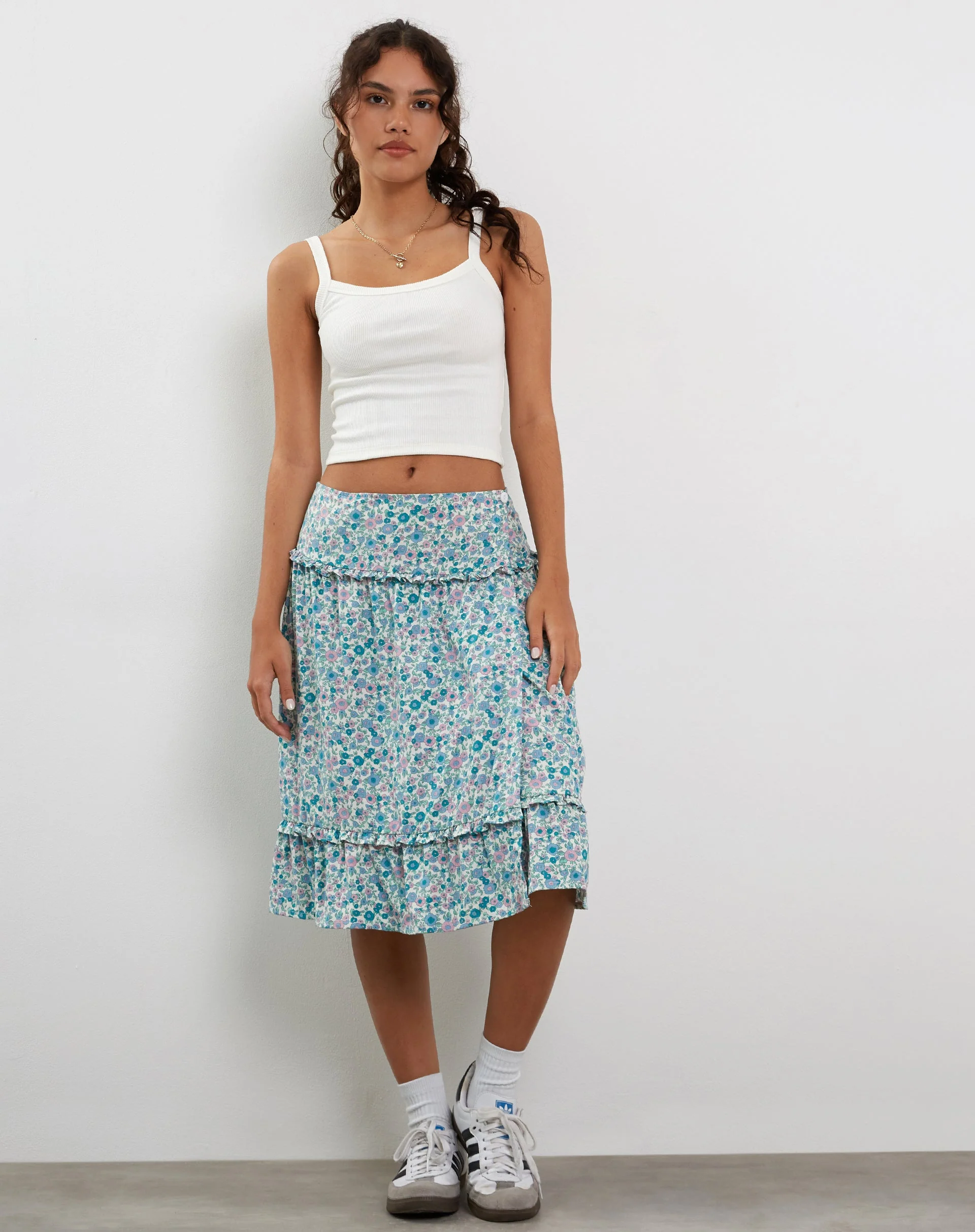 Kasya Frill Hem Midi Wrap Skirt in Flower Power Blue - Image 4