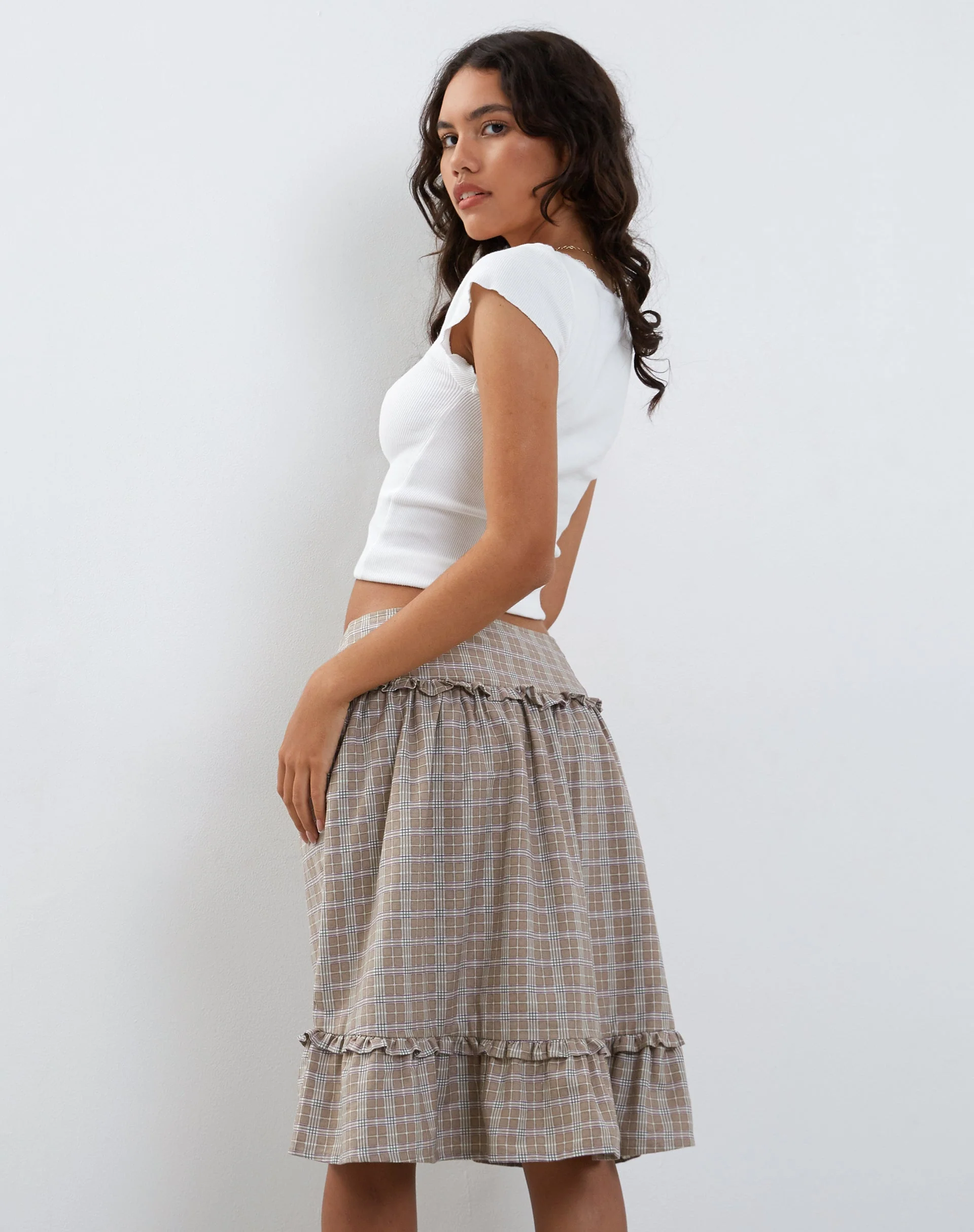 Kasya Frill Hem Wrap Midi Skirt in Taupe Check - Image 3