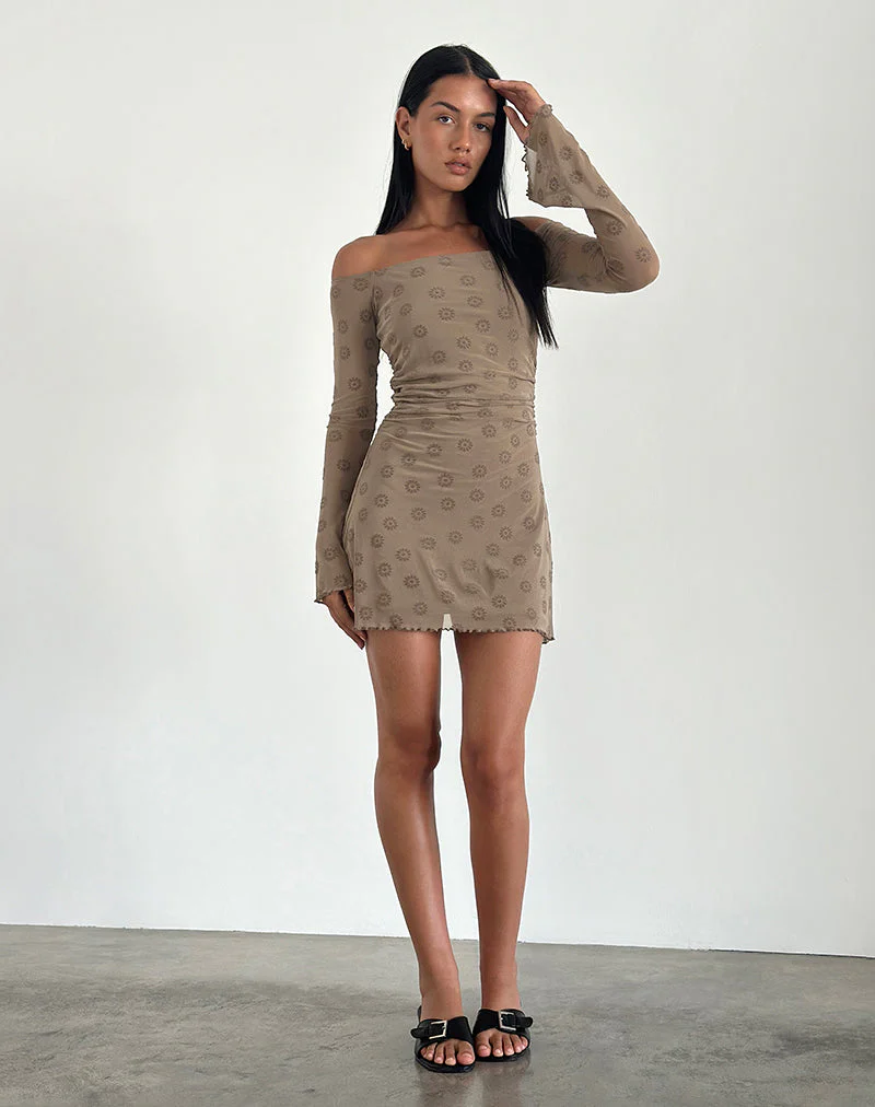 Kausar Off Shoulder Mini Dress in Daisy Flock Light Brown - Image 2