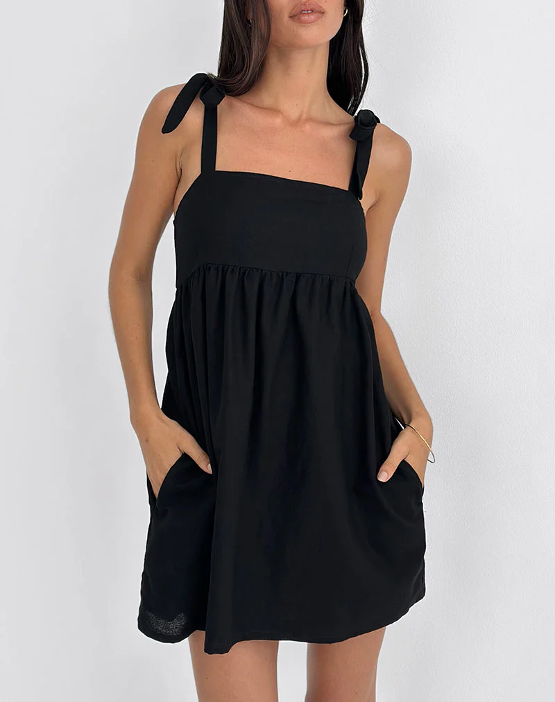 Kayla Square Neck Mini Dress in Linen Black - Image 2