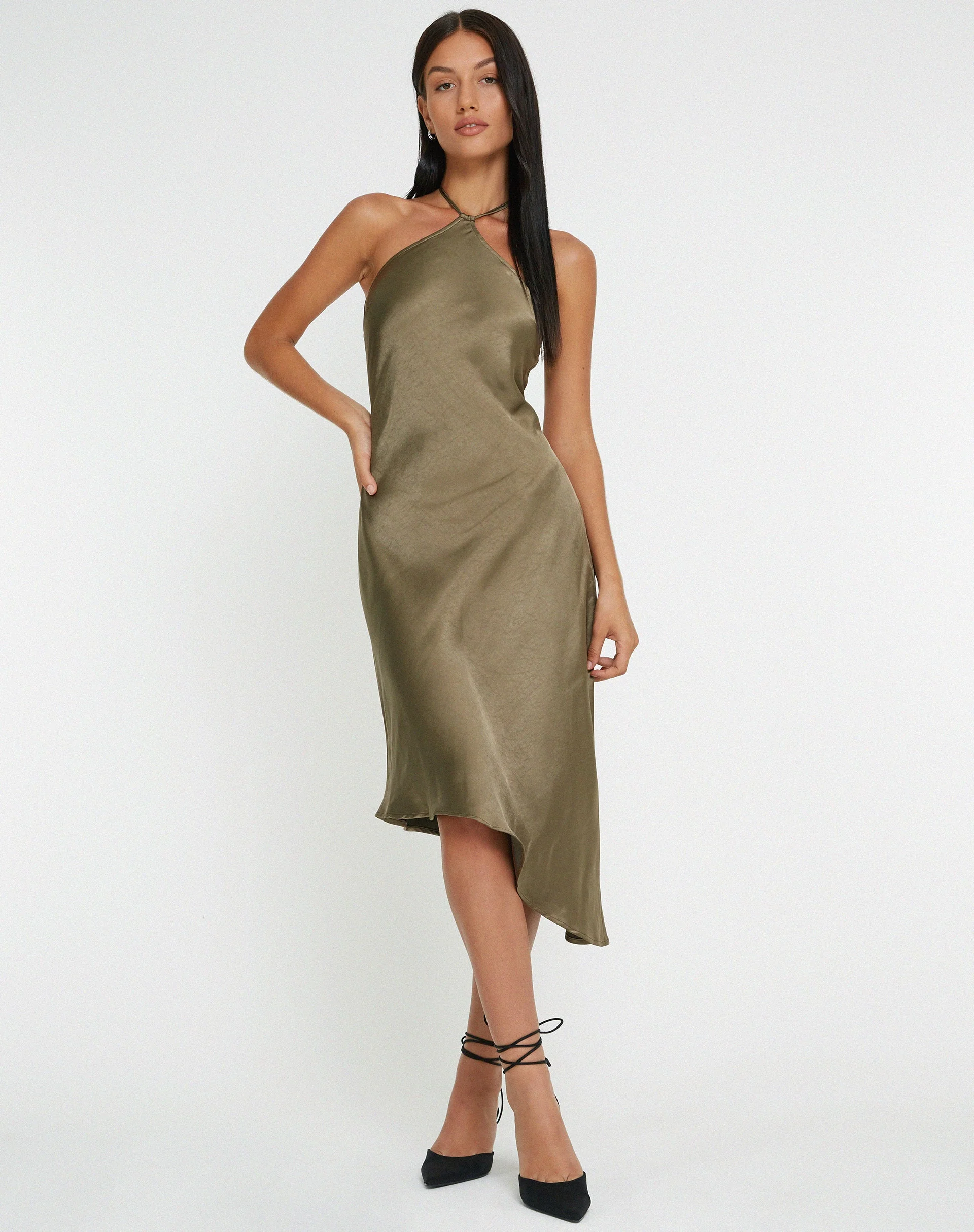 Kimora Midi Dress in Satin Dark Olive - Image 3