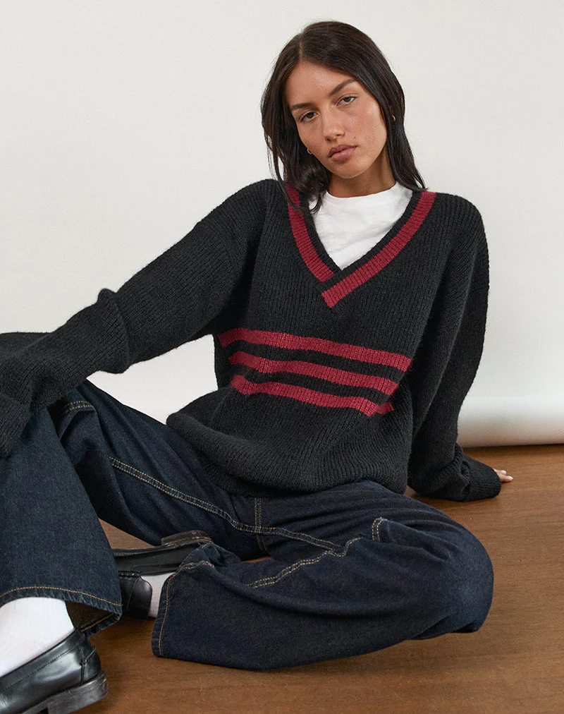 Knitza Jumper in Black with Red Stripes - Image 3