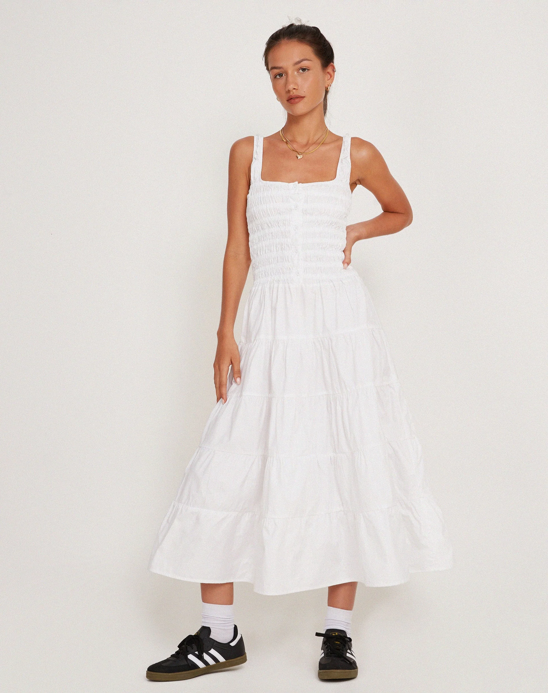 Koizumi Tiered Midi Dress in Poplin White - Image 6