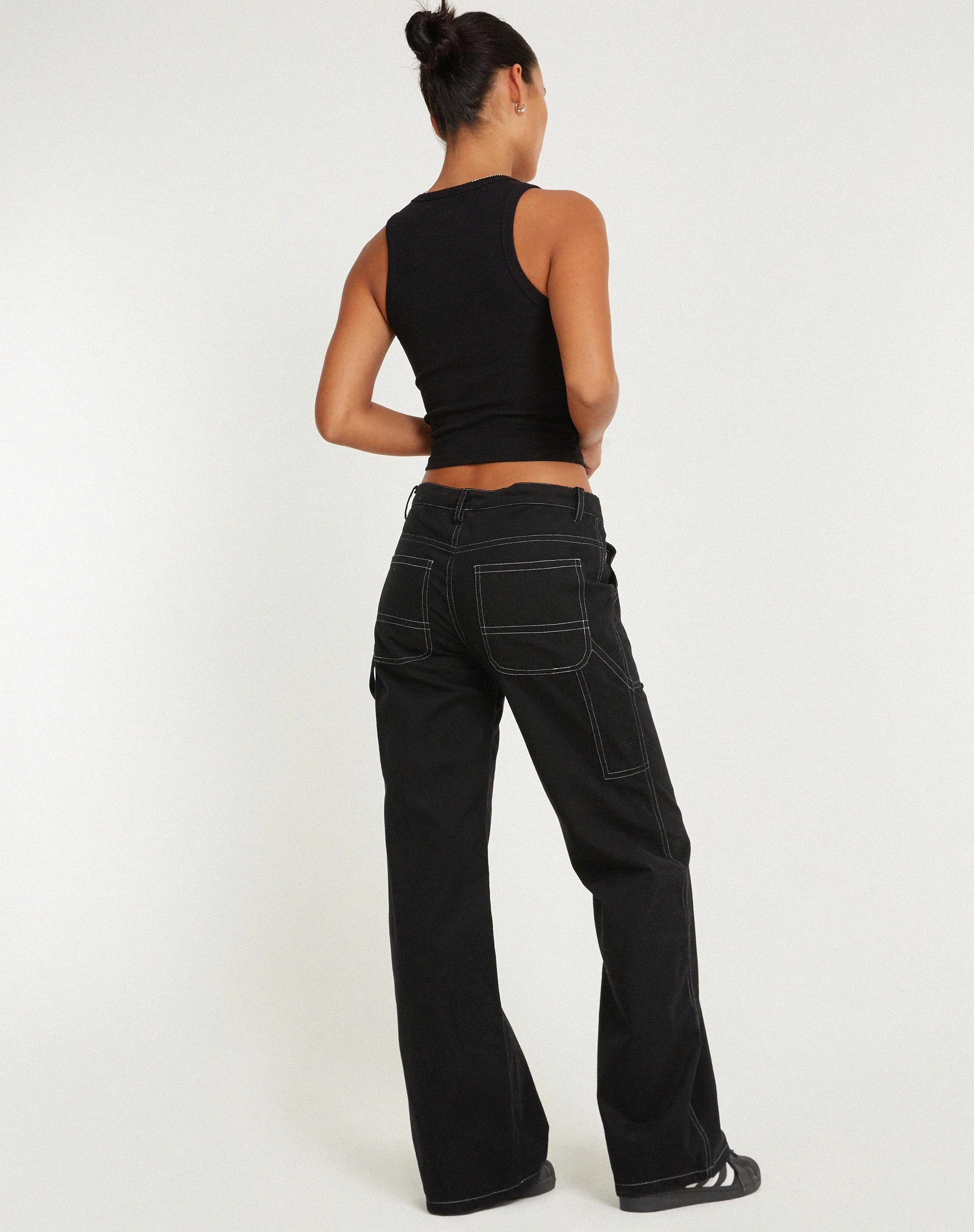 Kusnaedi Wide Leg Trouser in Black and White Top Stitch - Image 3