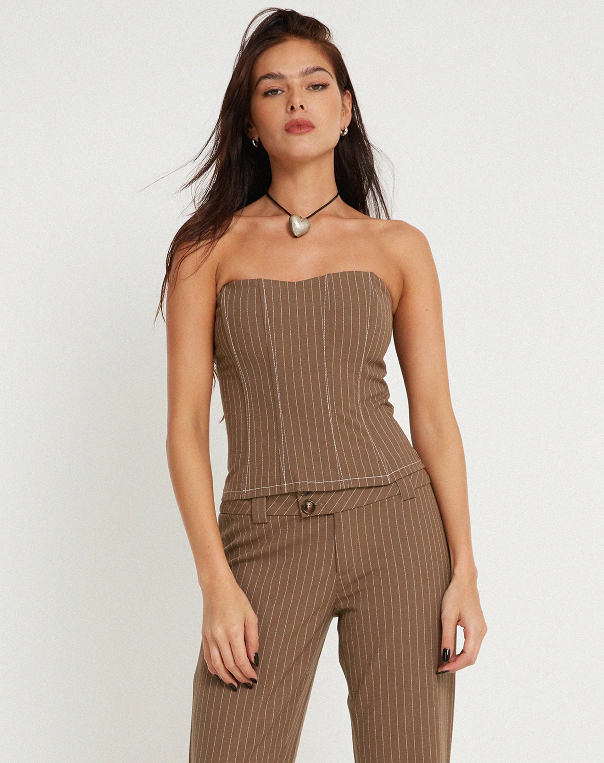 Kyana Corset Top in Pinstripe Brown - Image 3