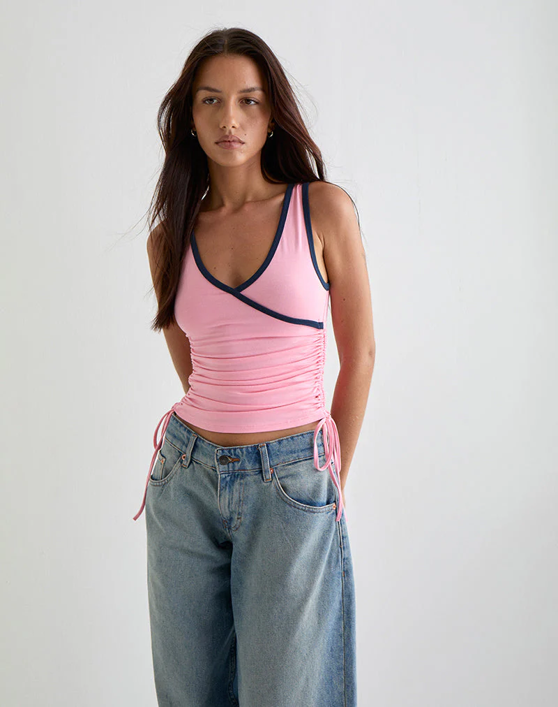 Laird Wrap Top in Ballet Pink with Navy Binding - Image 3