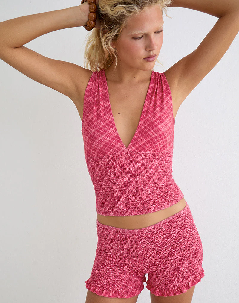 Lantia Shirred Top in Tilted Check Pink