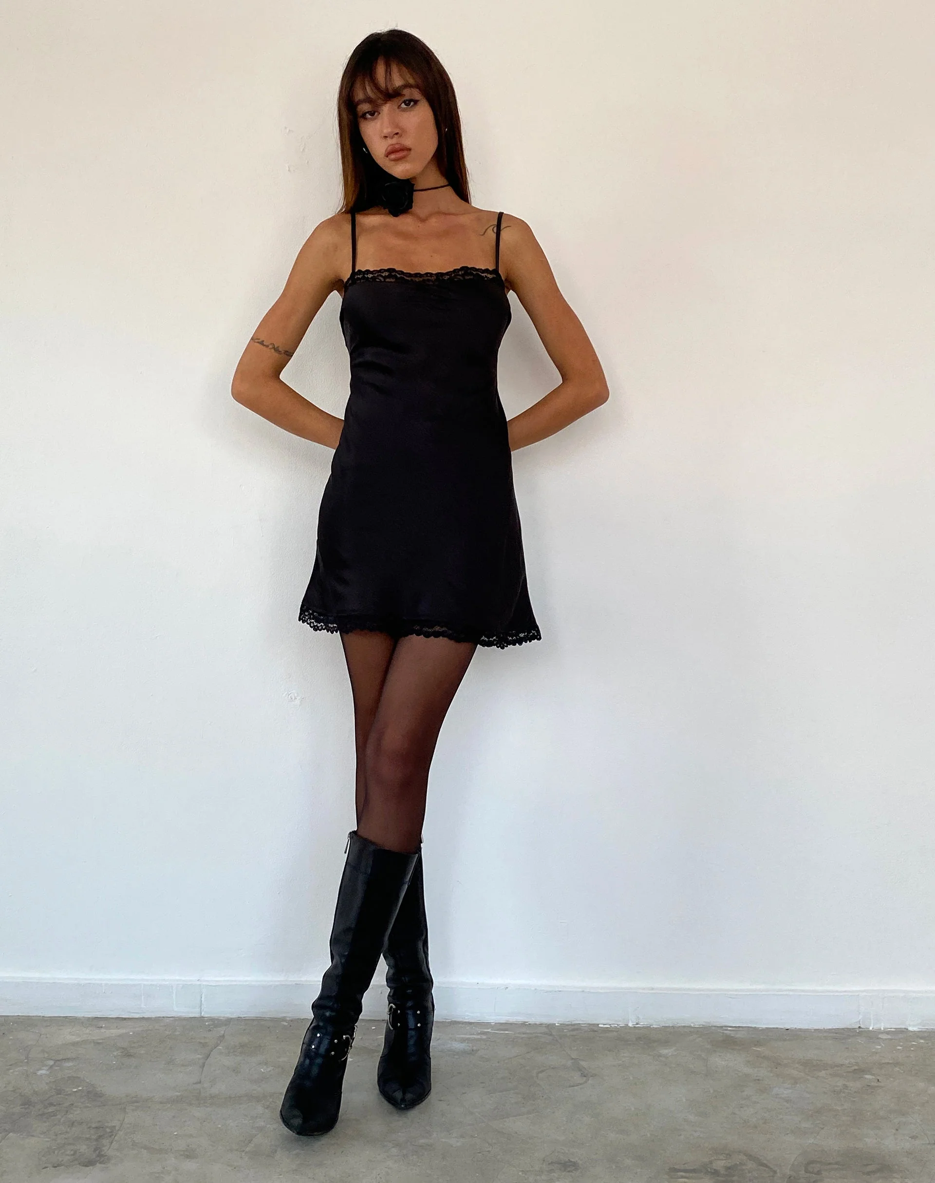 Larna Lace Trim Satin Mini Dress in Black - Image 4