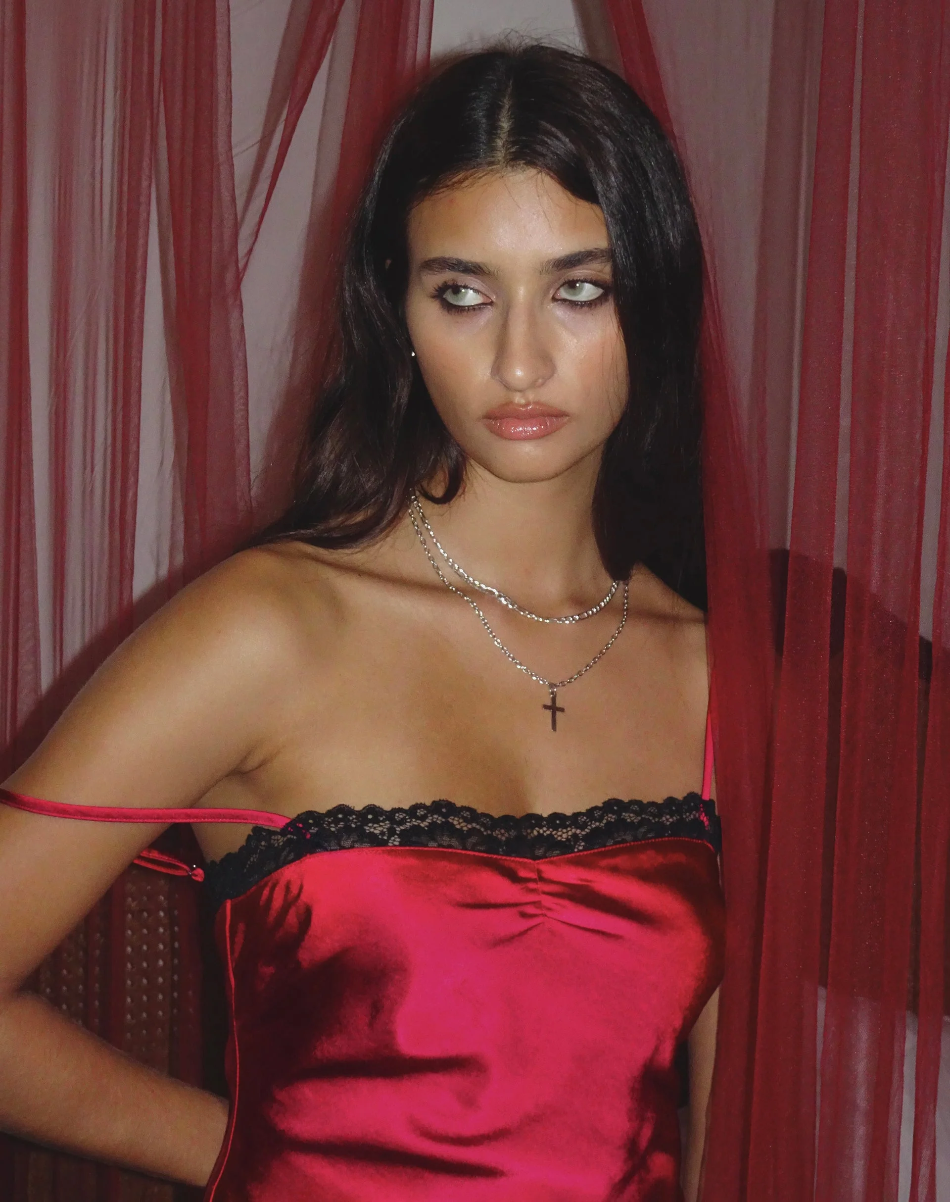 Larna Satin Mini Dress in Red with Black Lace Trimming - Image 3