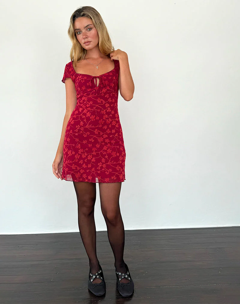 Lashka Mini Dress in Red Grunge Floral Flock - Image 4