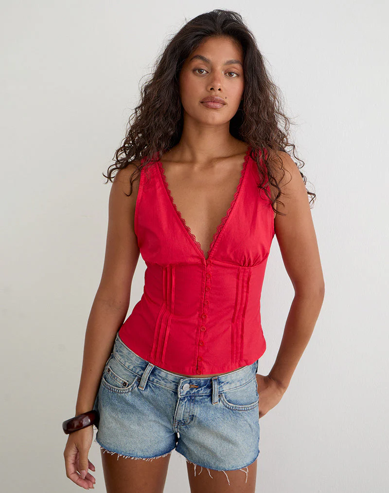 Lasily V Neck Corset Top in Poplin Scarlet Red - Image 2