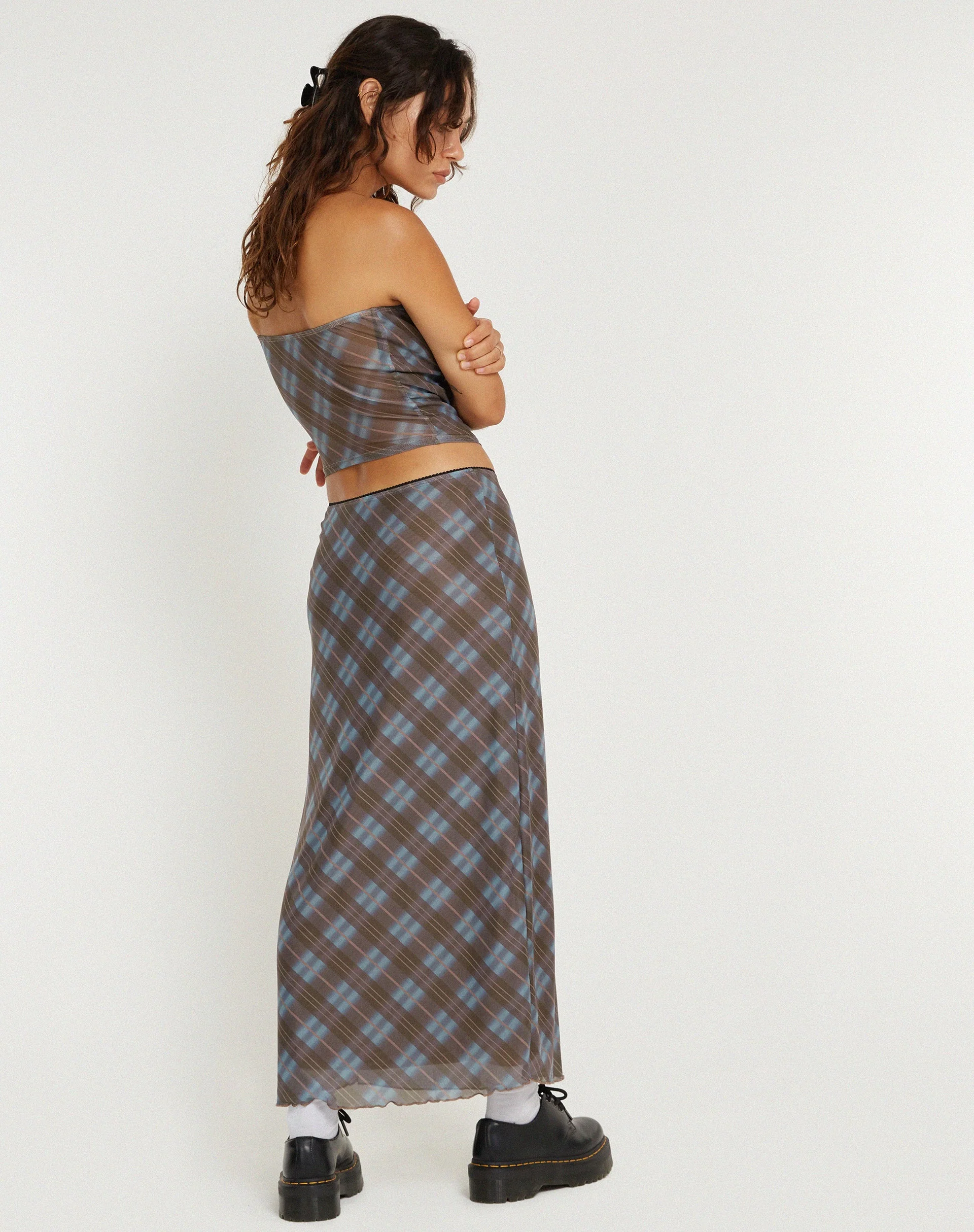 Lassie Midi Skirt in Green Blurred Check Dark Olive - Image 2