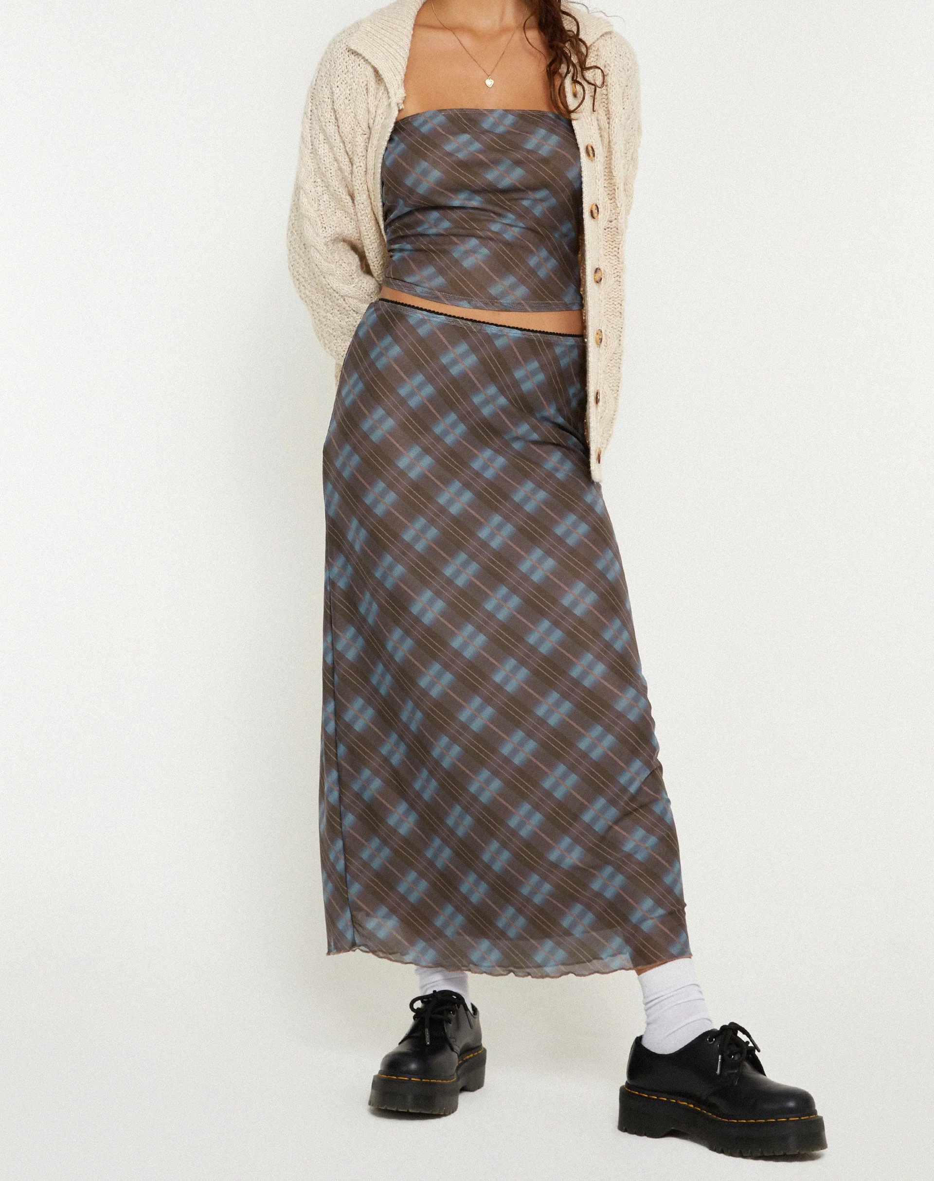 Lassie Midi Skirt in Green Blurred Check Dark Olive - Image 3