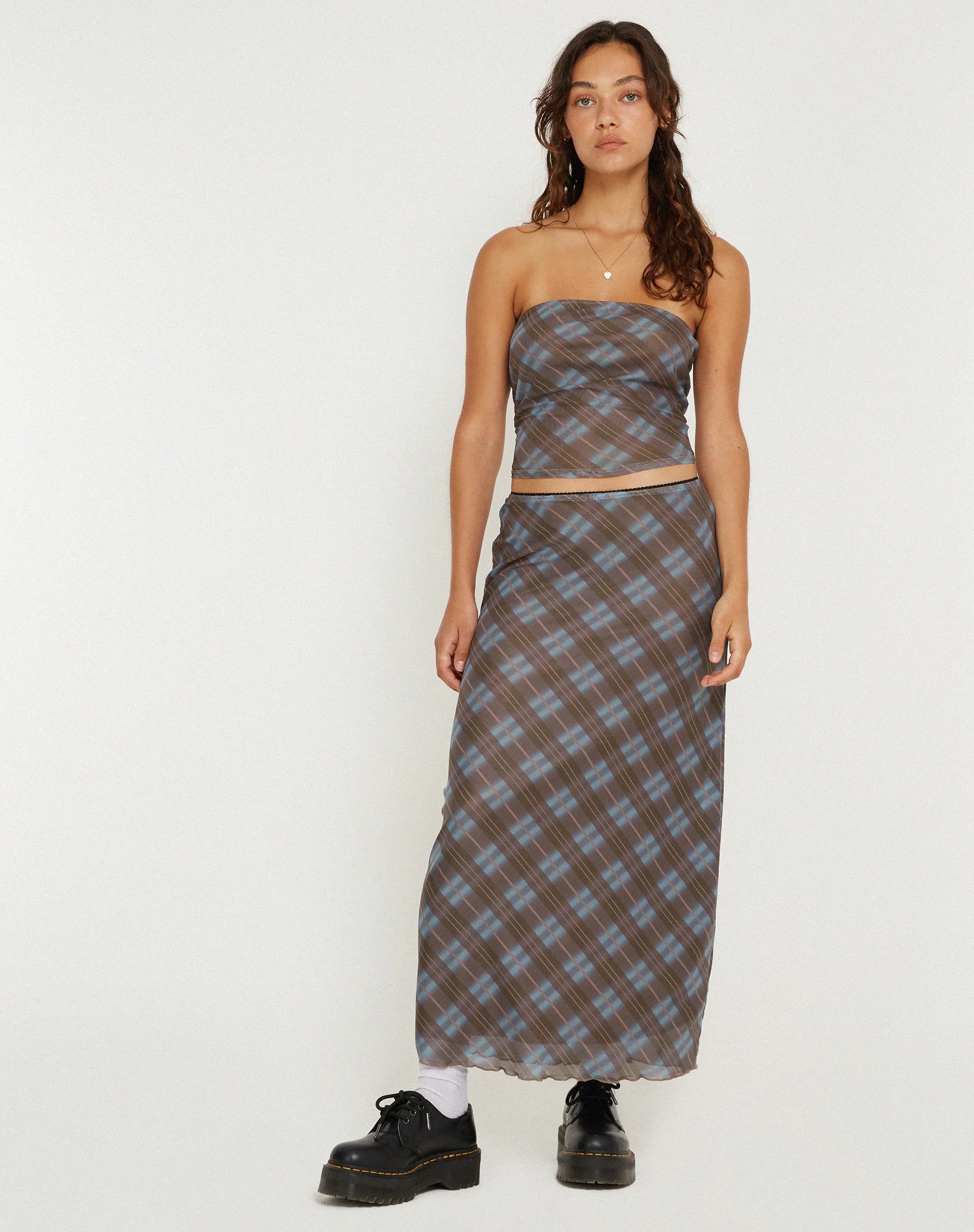 Lassie Midi Skirt in Green Blurred Check Dark Olive - Image 4