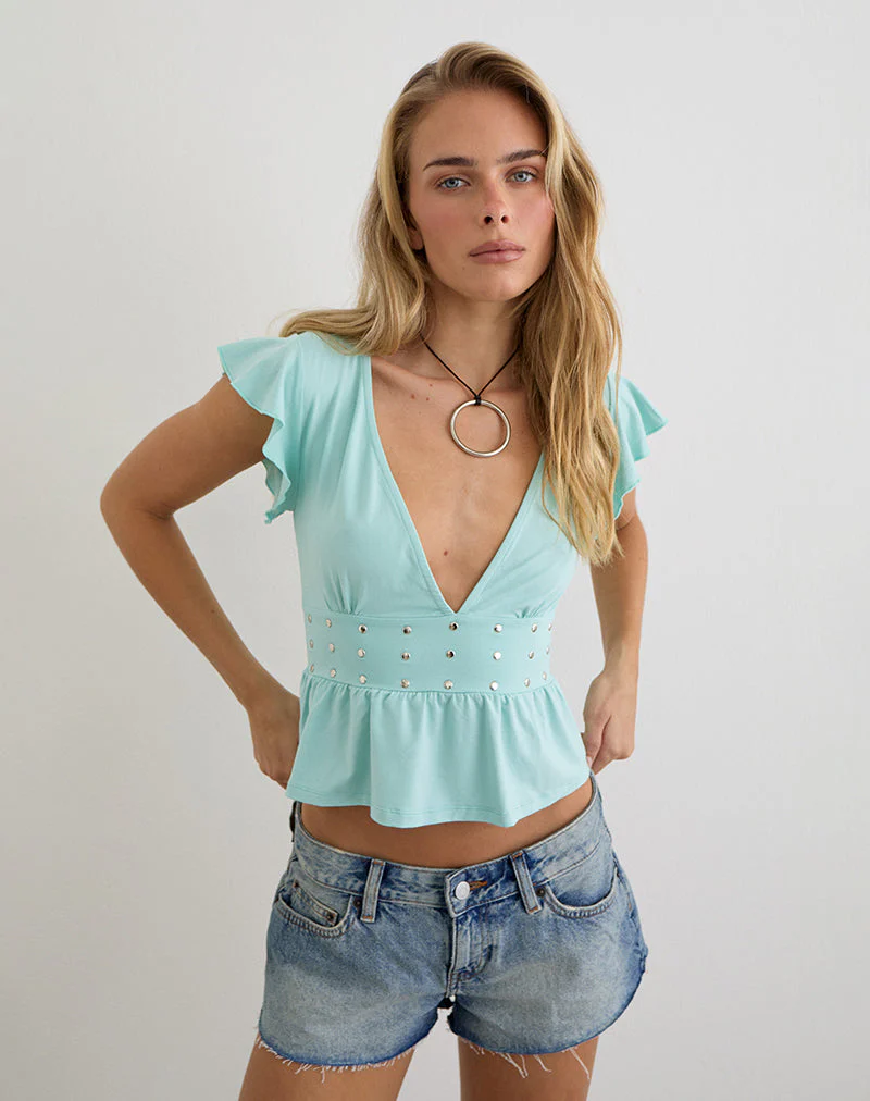 Leisma Frill Top in Jersey Aqua with Studs - Image 2