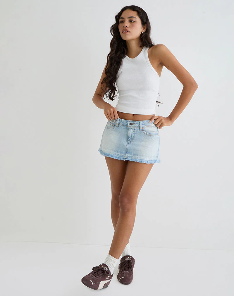 Raw Hem Low Rise Denim Mini Skirt in Icy Blue - Image 3
