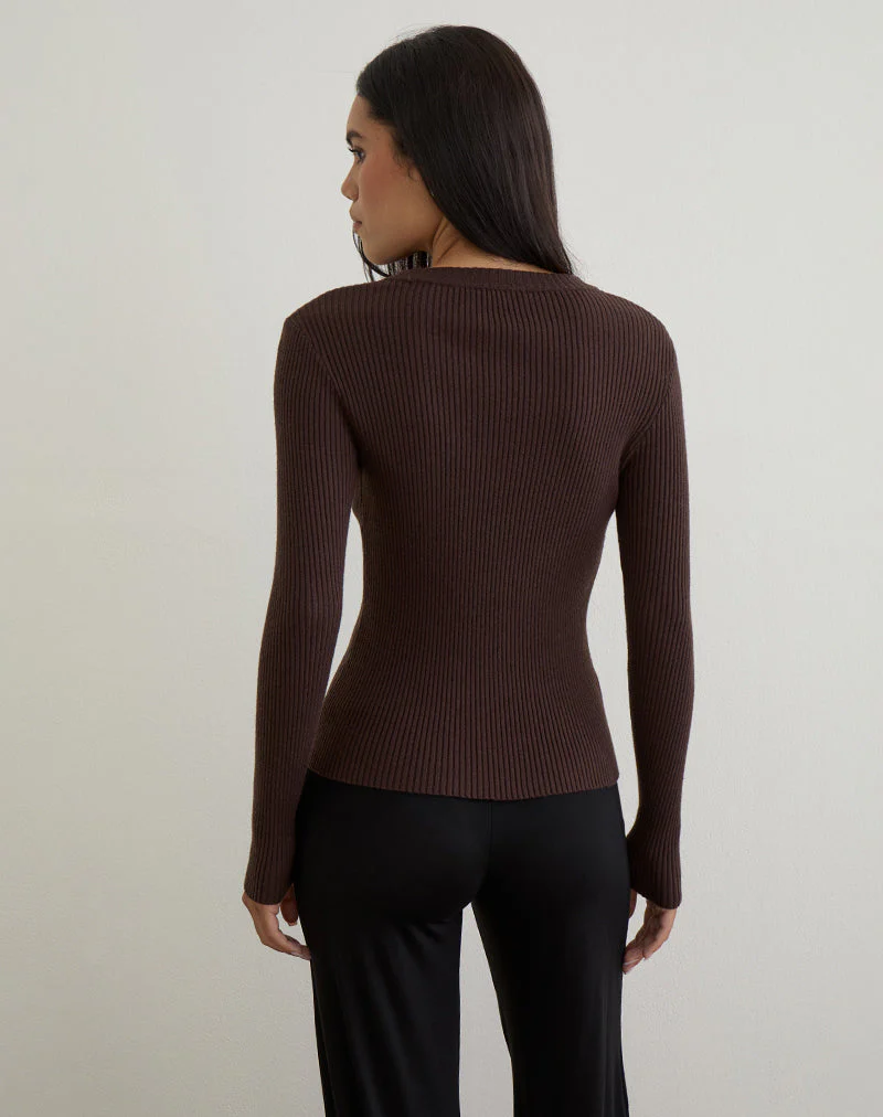 Liano Zip Cardigan in Rib Knit Brown - Image 5