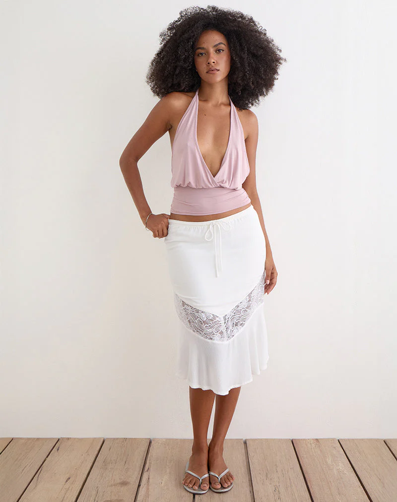 Linus Midi Skirt with Lace Panel in Crinkle Off White