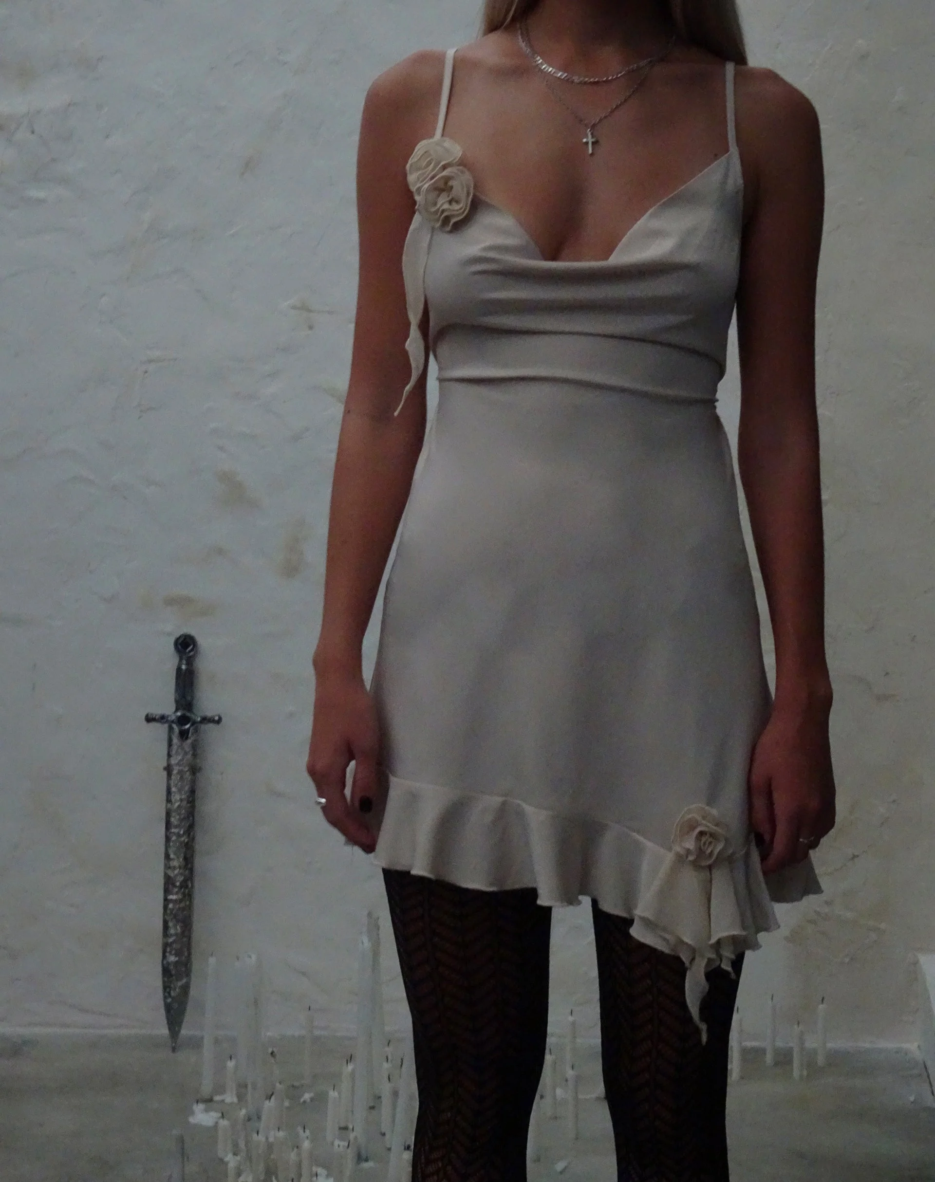 Litera Ruffle Rosette Mini Dress in Cream - Image 4