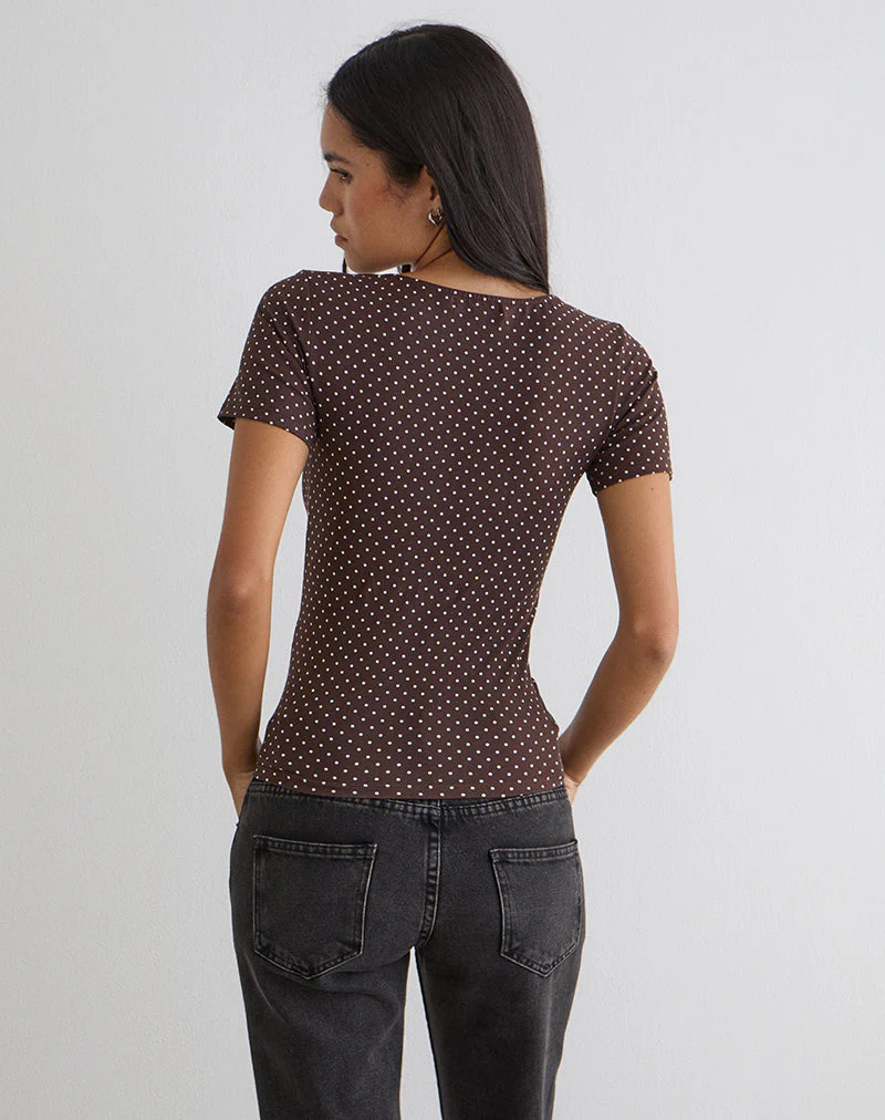 Lobos Crossover Top in Jersey Micro Polka Brown - Image 4