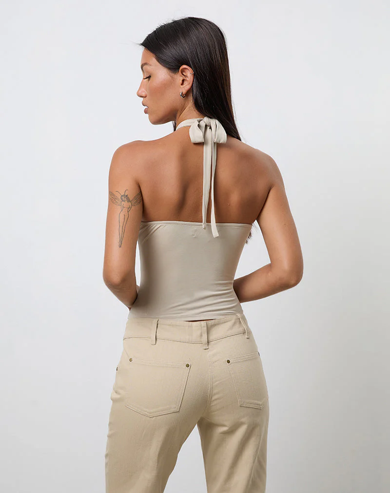 Lorie Halterneck Top in Cupro Oatmilk with Metal Ring - Image 5