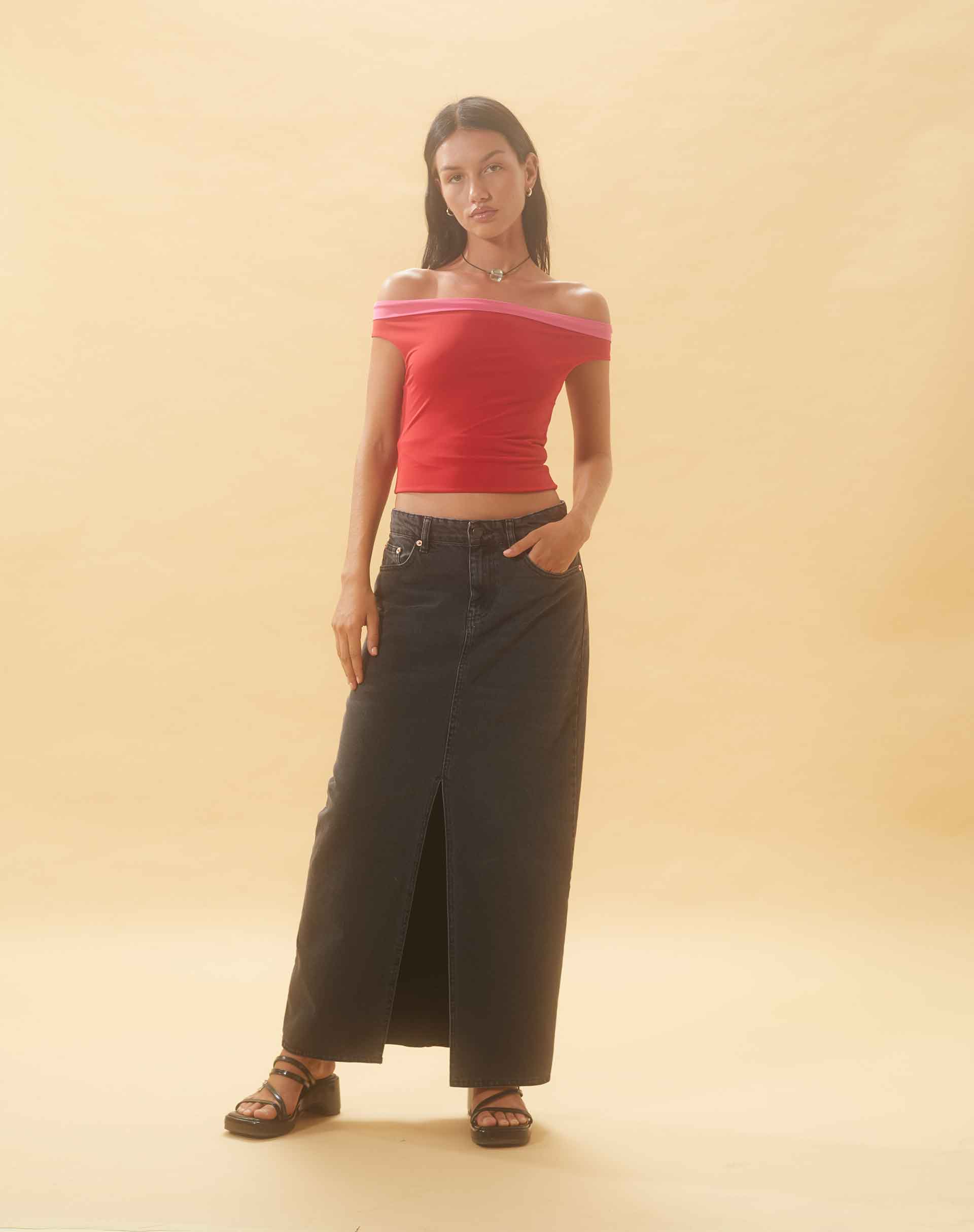 Low Rise Denim Maxi Skirt in Vintage Black - Image 6