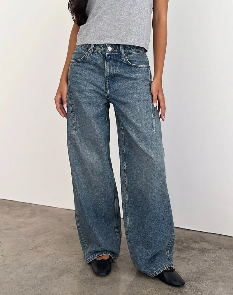Low Slung Roomy Jeans in Vintage Blue Green