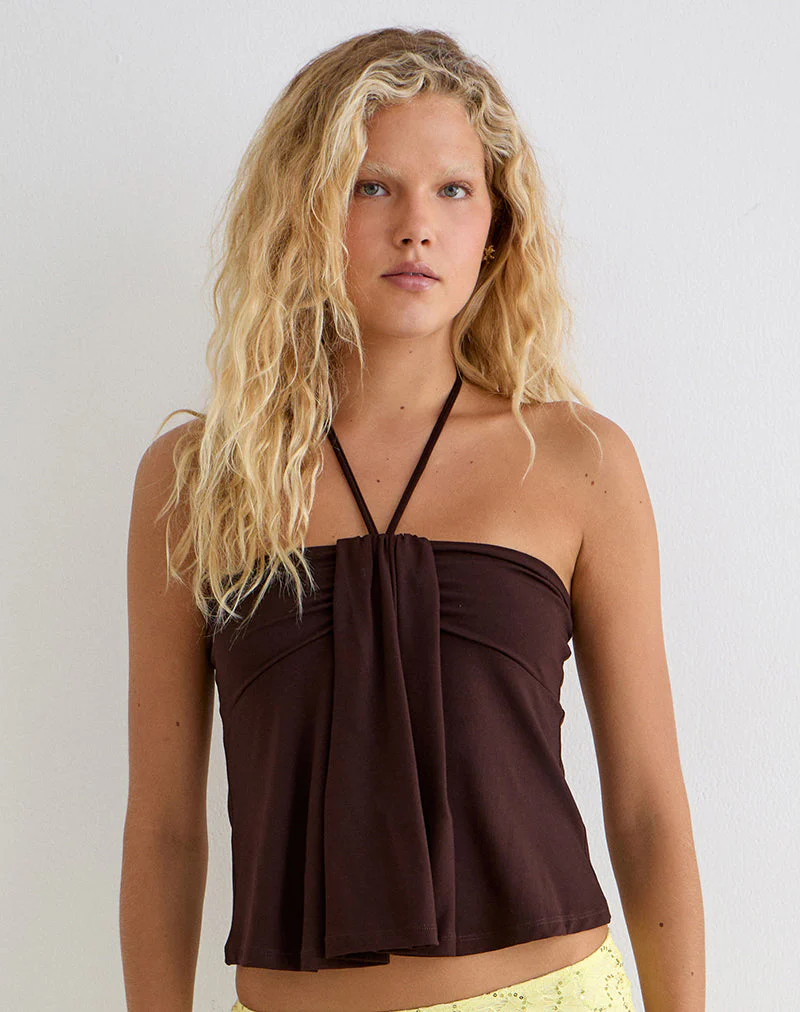 Lue Halterneck Top in Rayon Jersey Chocolate Brown - Image 4