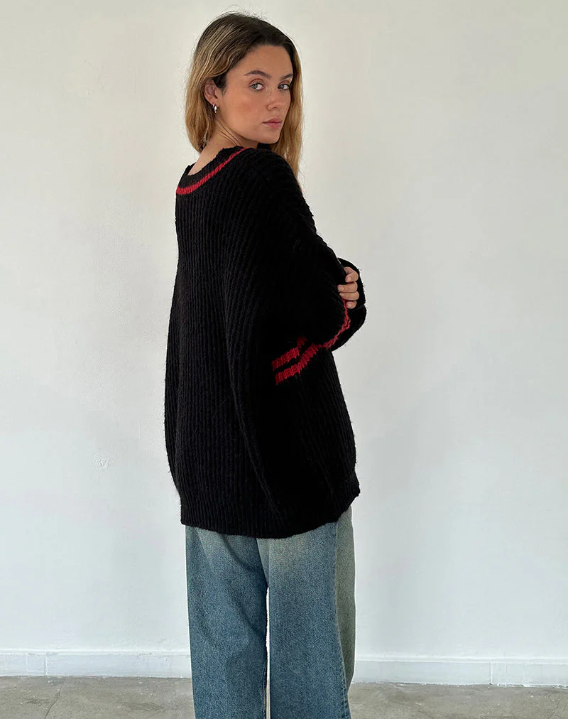 Lulees Oversized Jumper in Black with Red Star and Stripes - Image 4