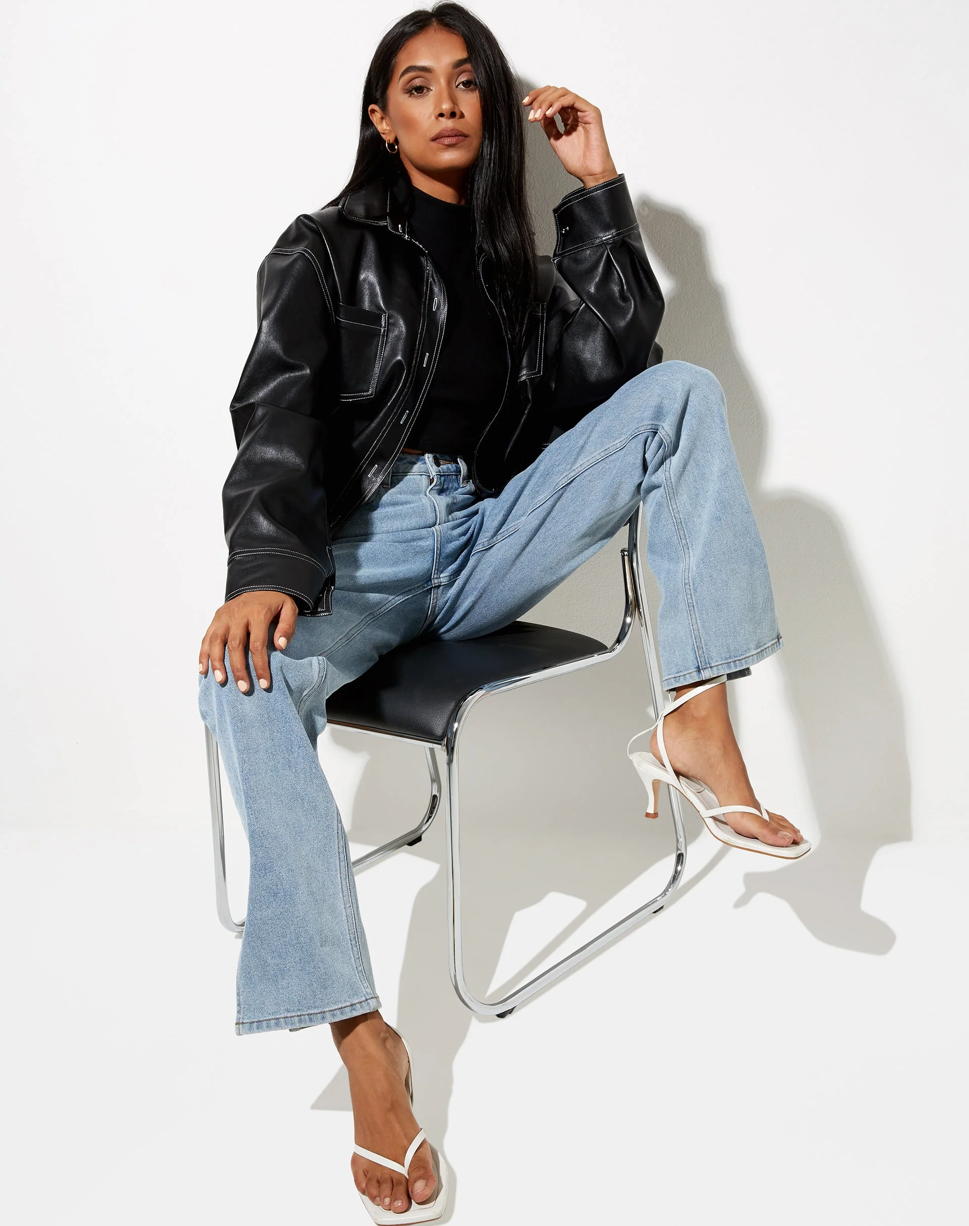 Lumberjack Shirt in PU Black with White Stitch - Image 8