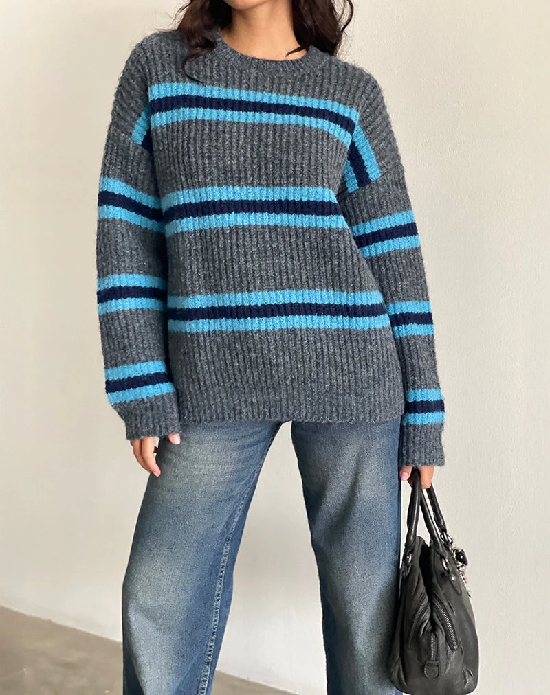 Lunet Knitted Jumper in Stripe Grey and Blue - Image 4