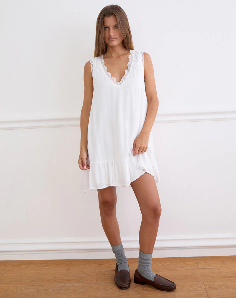 Manika Plunge Babydoll Mini Dress in Rayon White