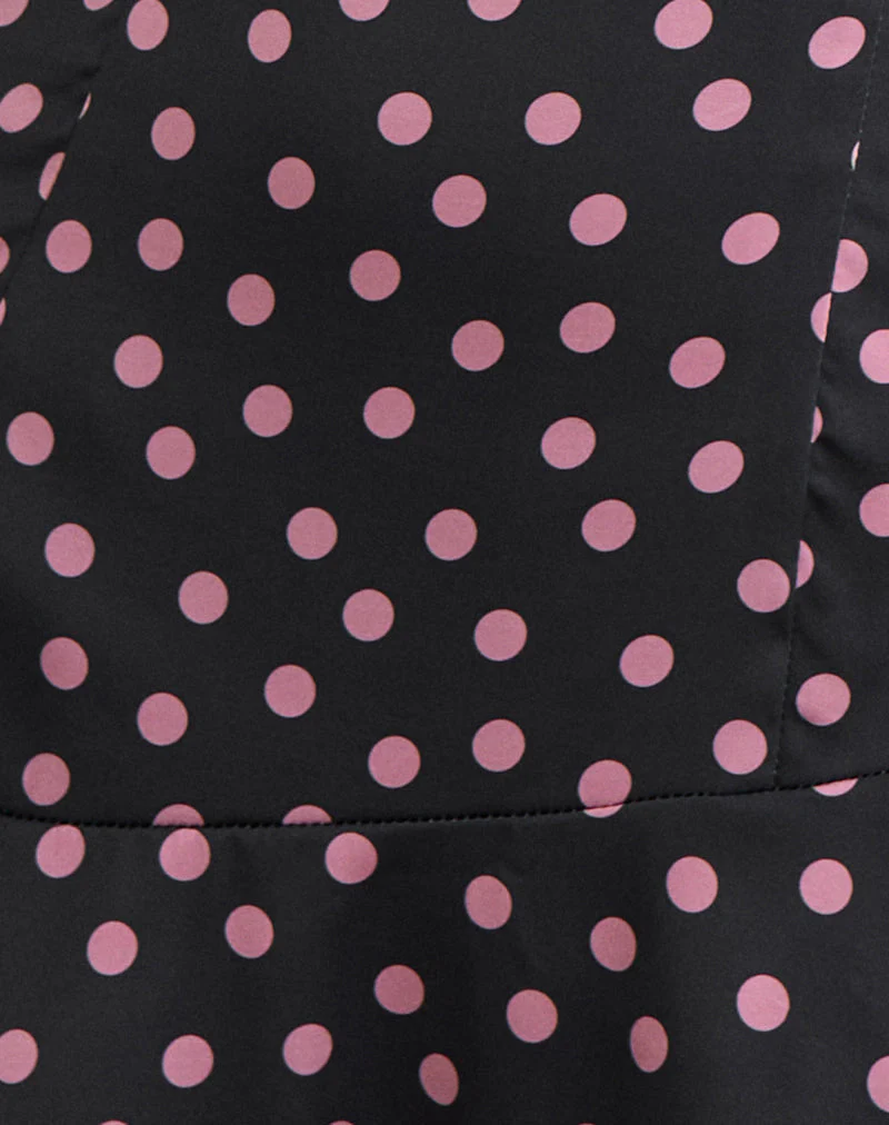 Maribel Mini Dress in Black Satin Scattered with Pink Polka - Image 5