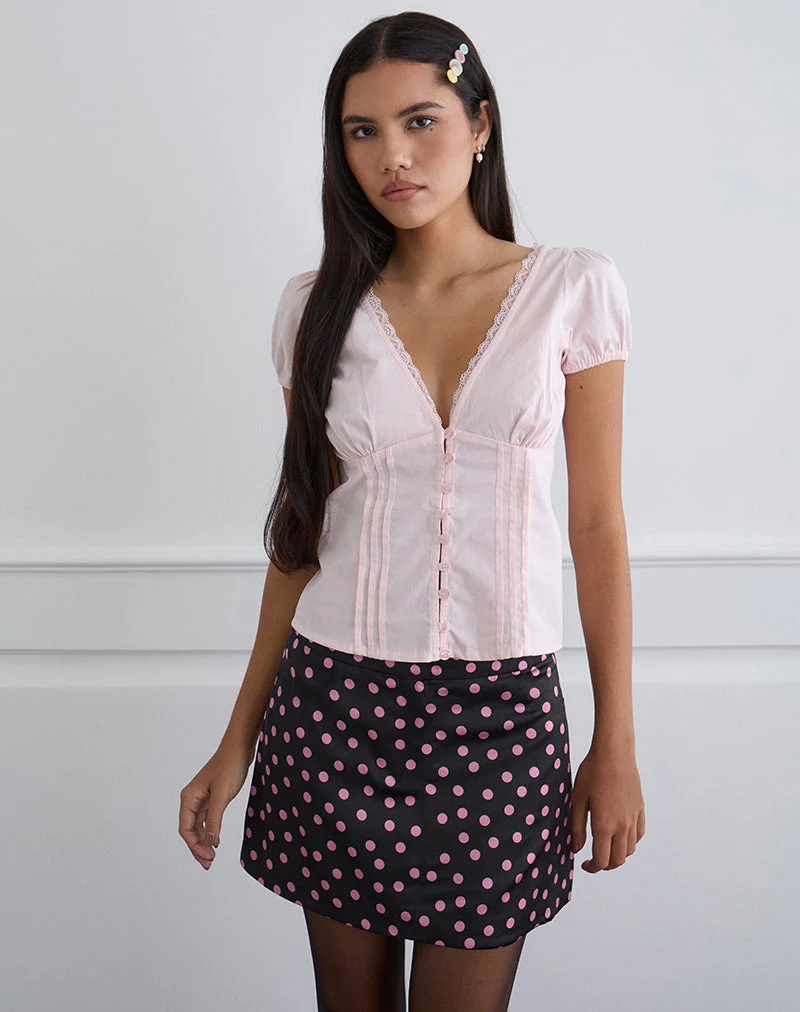 Maula Mini Skirt in Black Satin Scattered with Pink Polka - Image 2