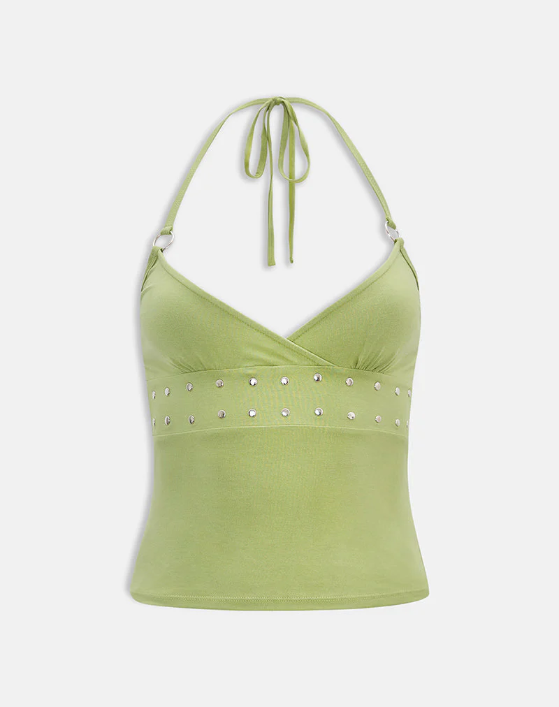 Mayoti Top in Rayon Jersey Apple Green with Studs - Image 4