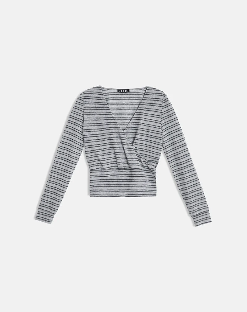 Milzie Wrap Top in Horizontal Stripe Knit Grey and Black - Image 6