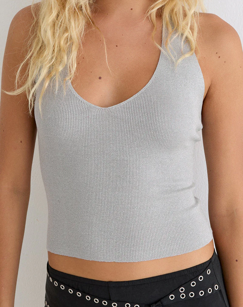 Mirelda Halterneck Top in Lurex Silver - Image 2
