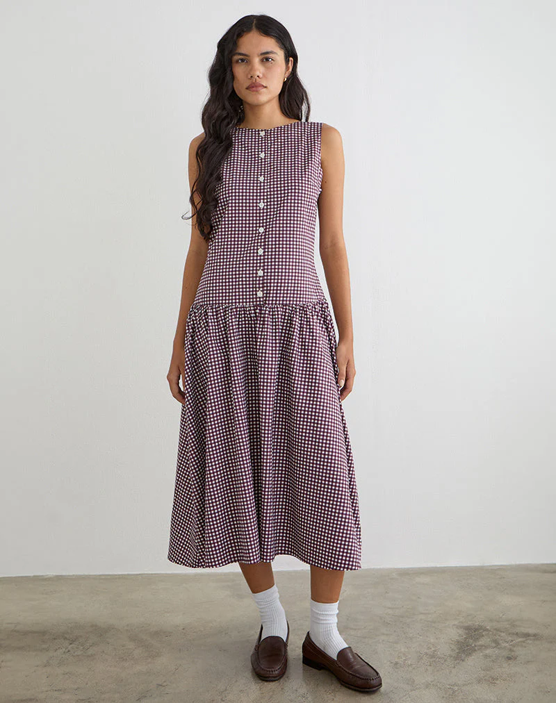 Miriam Midi Dress in Mini Gingham Wine