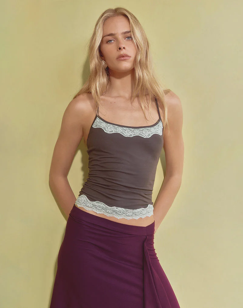 Mishti Cami Top with Lace Trim in Dark Brown - Image 2