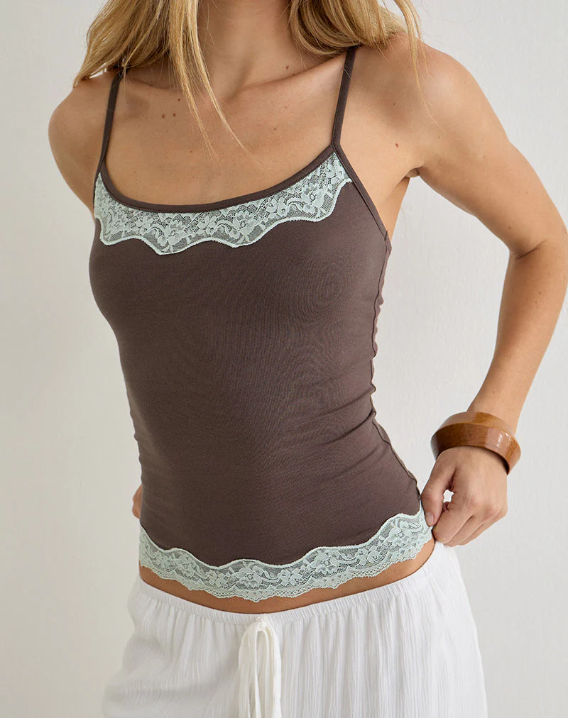 Mishti Cami Top with Lace Trim in Dark Brown - Image 3