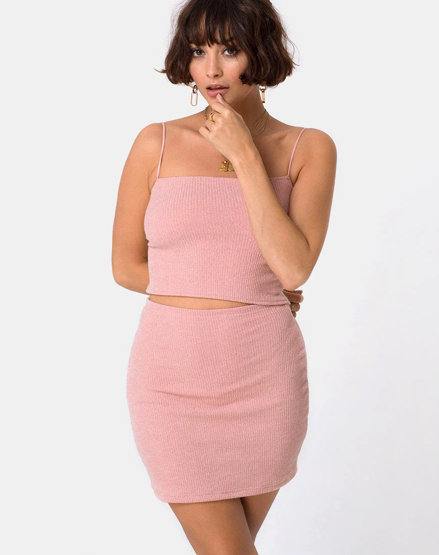 Moeena High Neck Top in Knit Crinkle Rib Pink