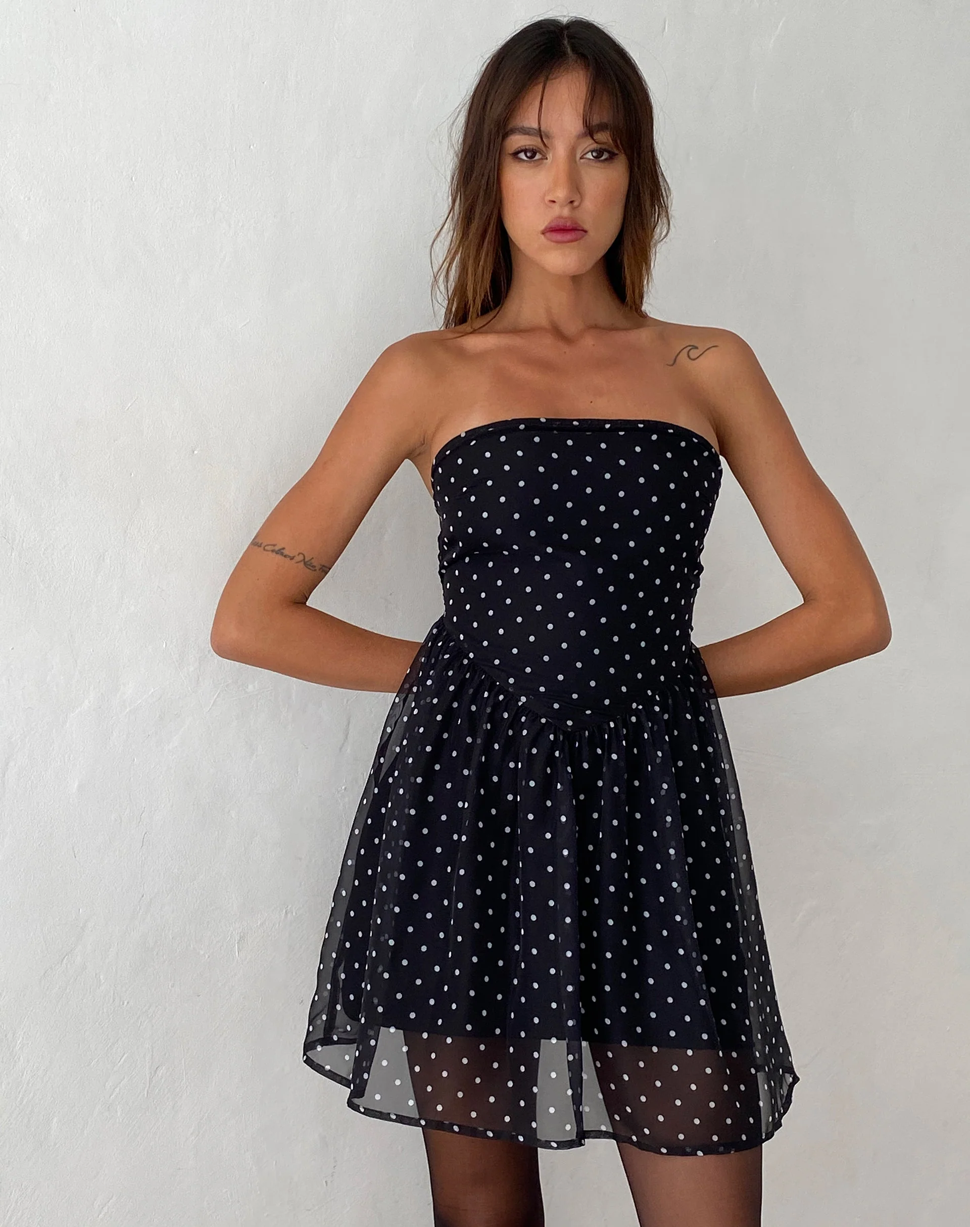 Murni Bandeau Mini Dress in Polka Black Chiffon - Image 3