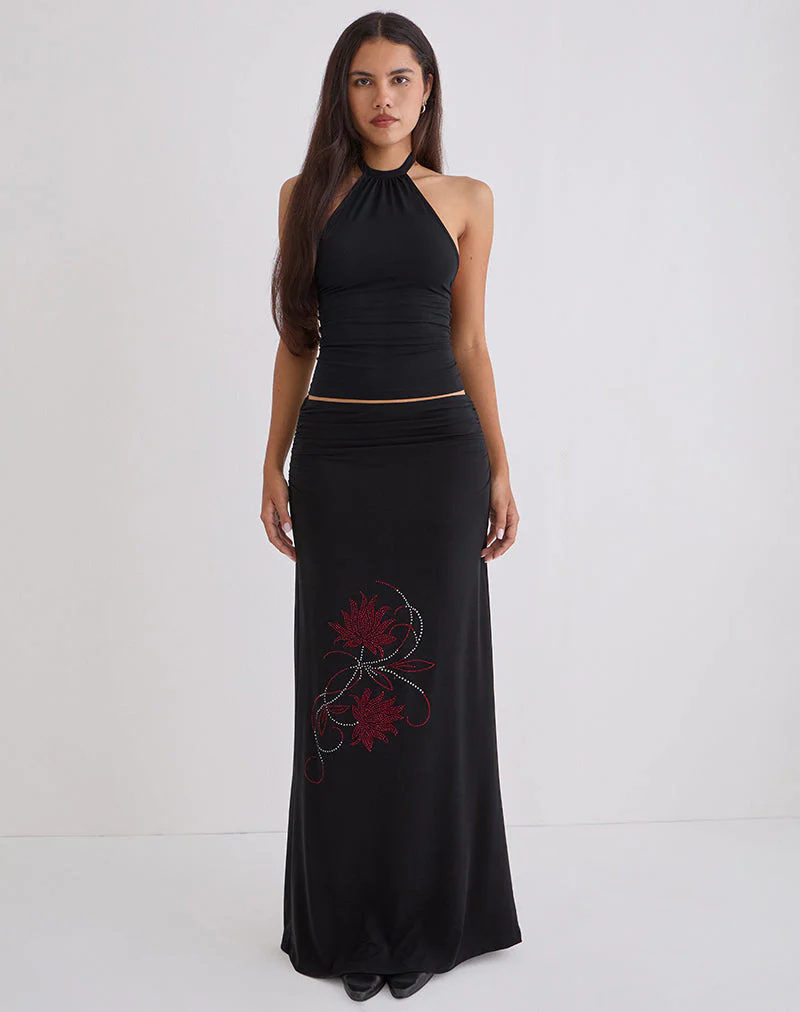 Naisra Maxi Skirt in Cupro Diamante Flower Black - Image 2