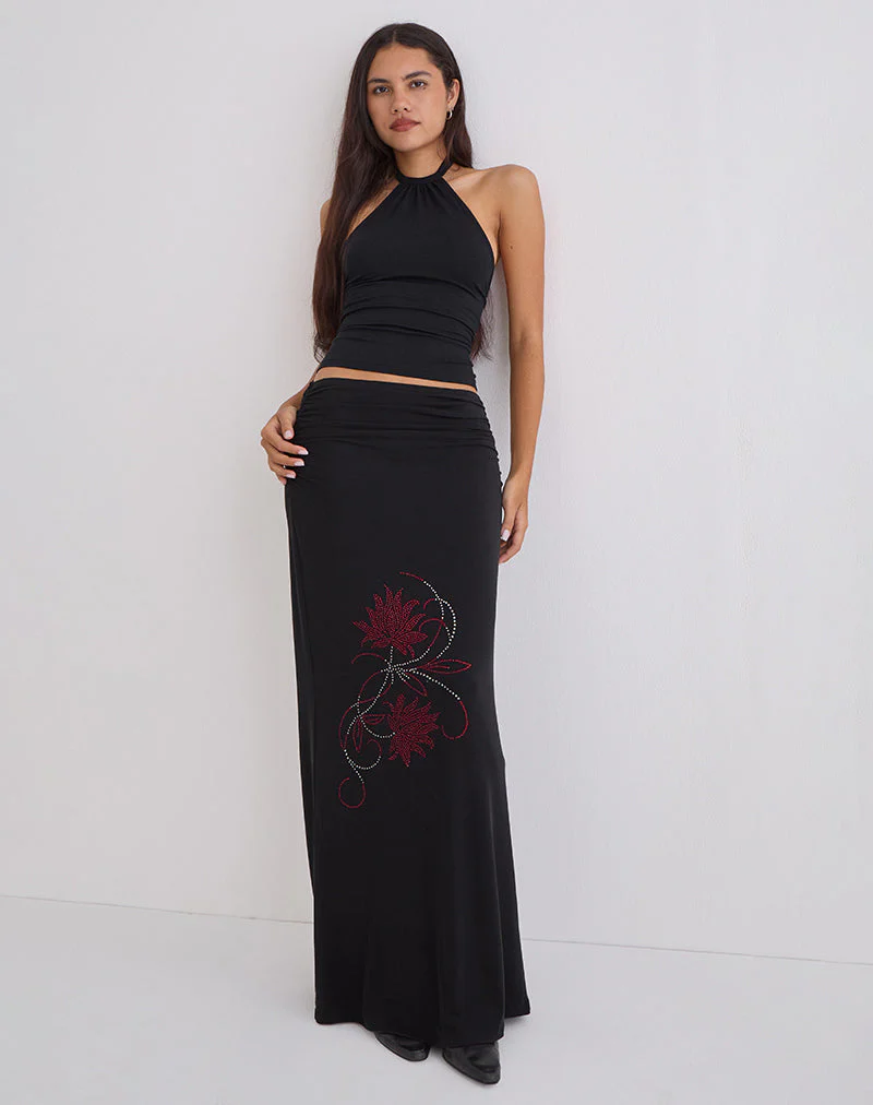 Naisra Maxi Skirt in Cupro Diamante Flower Black - Image 4