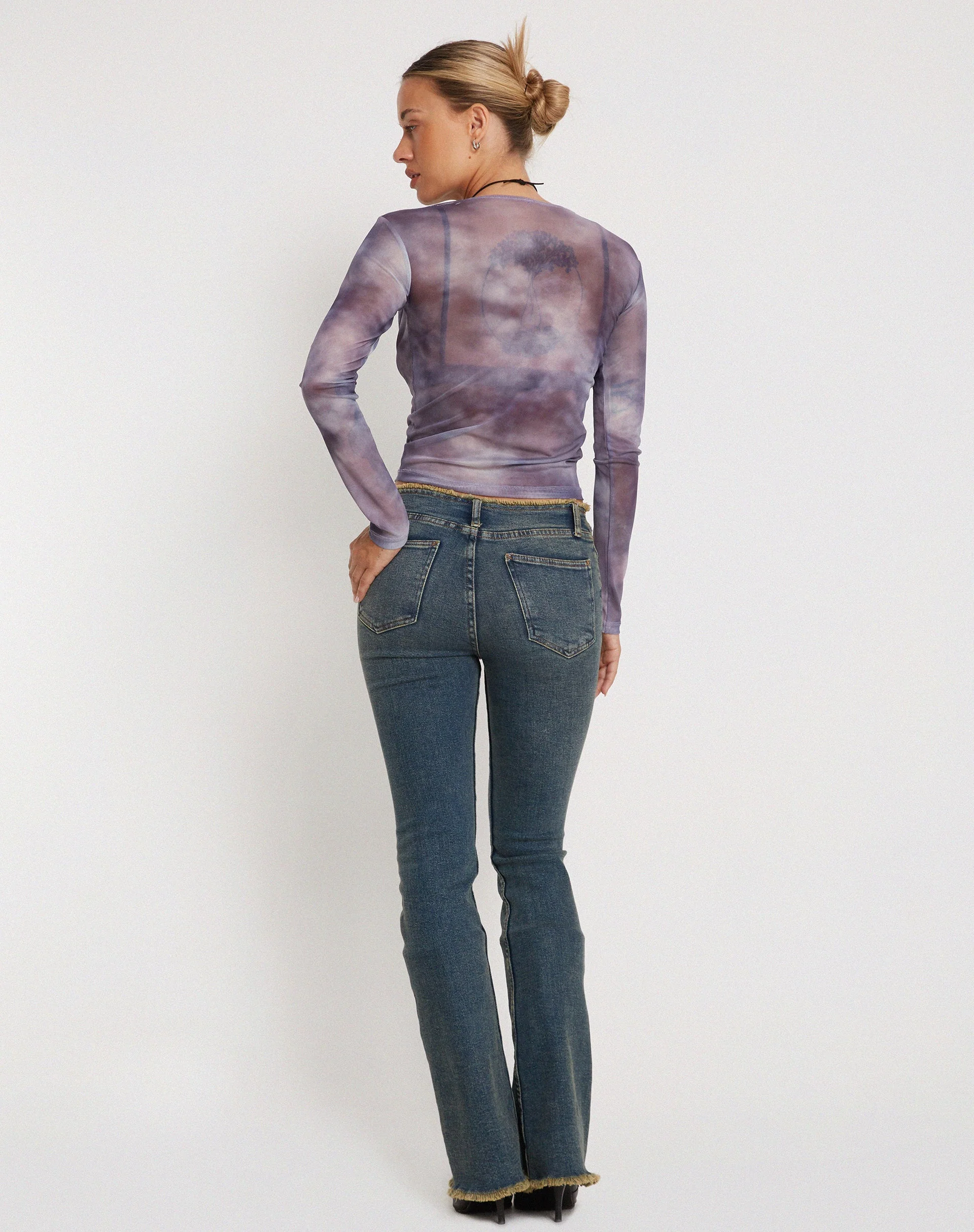 Narita Long Sleeve Mesh Crop Top in Smokey Gradients Purple - Image 4
